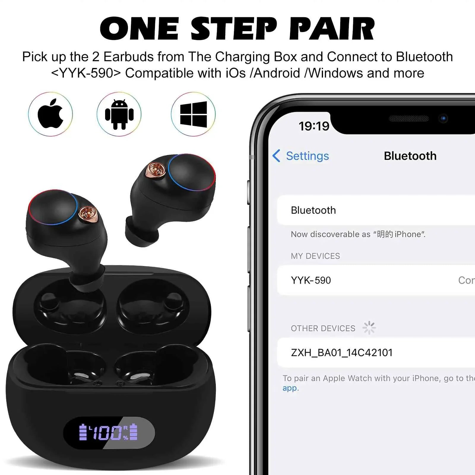 UrbanX True Wireless Bluetooth Earbuds + Charging Case, Black, Dual Connect, IPX5 Water Resistance, Bluetooth 5.2 Connection, Balanced, Bass Boost Matching with Lenovo K10 Plus
