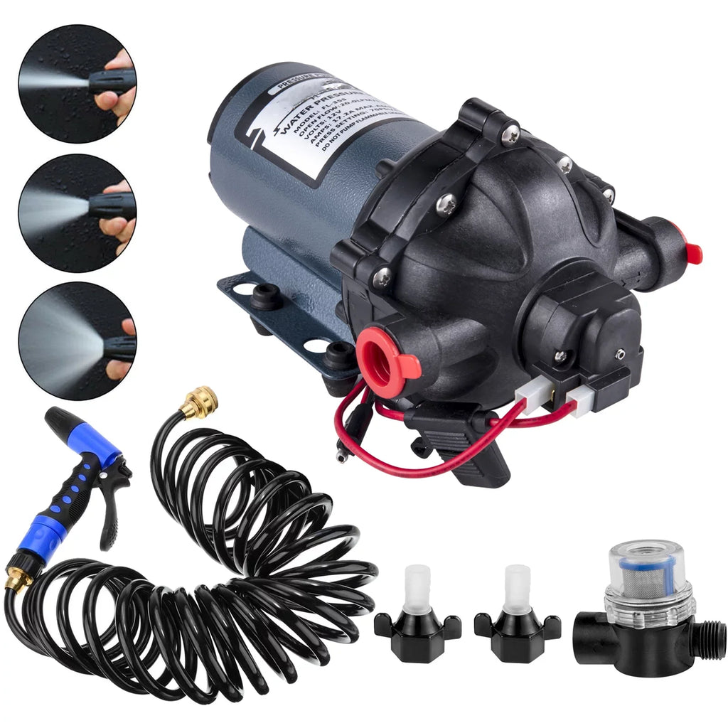 BENTISM RV Water Pump 5.3 GPM 5.5 Gallons Per Minute 12V Water Pump Automatic 70 PSI Diaphragm Pump with 25 Foot Coiled Hose Washdown Pumps for Vessel Caravan Rv Marine Yacht