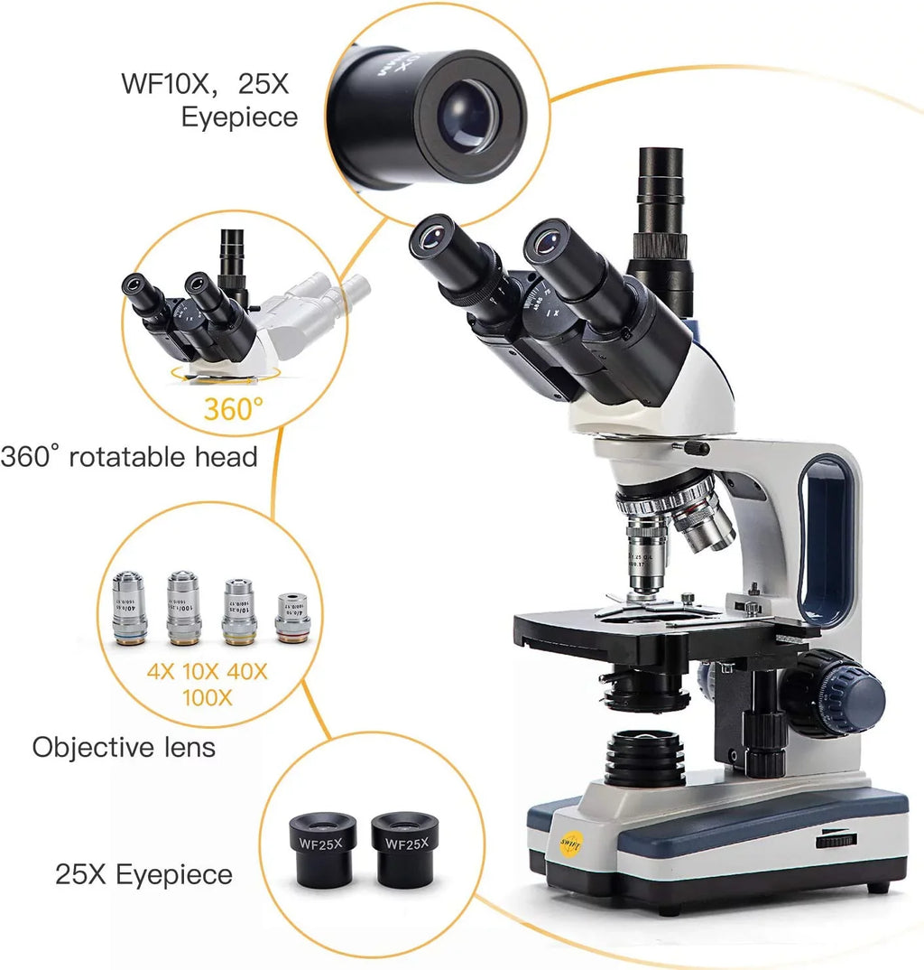 SWIFT Trinocular Compound Microscope SW350T, Magnification,Siedentopf Head,Research-Grade,Two-Layer Mechanical Stage,1.3mp Camera and Software Windows and Mac Matching