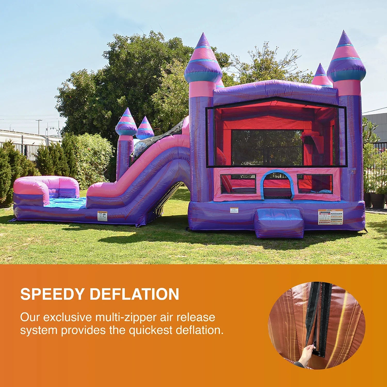 JumpOrange Commercial Grade Inflatable Bouncer with Dual Slide, for Adults and Kids, Wet Dry Use, Includes Heavy Duty Blower, Stakes and Storage, Blowup Playset, Princess Pink Purple