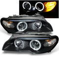 AKKON - For BMW E46 3-Series 2 Doors Coupe Black Halo Ring LED Projector Replacement Headlights LH + RH Lamps
