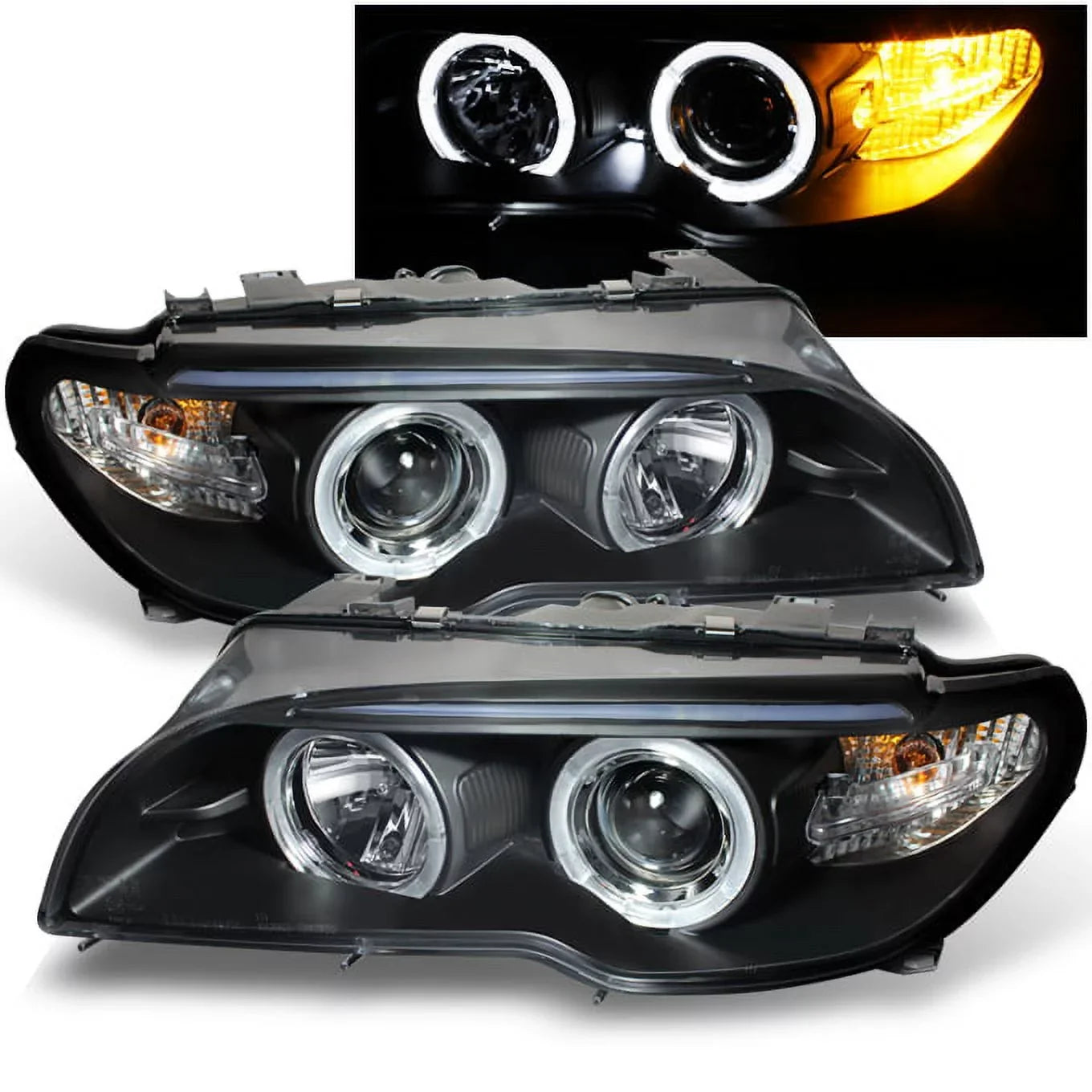 AKKON - For BMW E46 3-Series 2 Doors Coupe Black Halo Ring LED Projector Replacement Headlights LH + RH Lamps