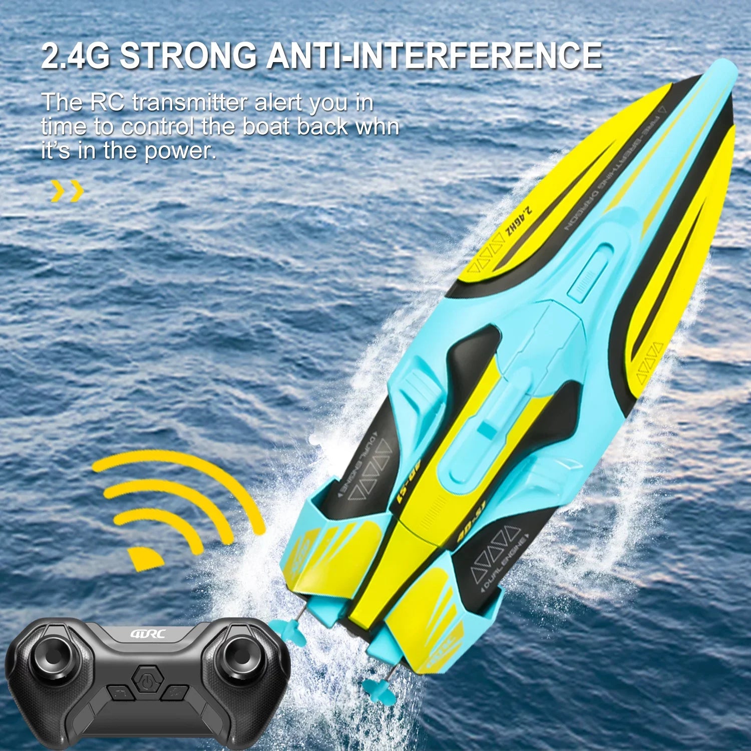 4DRC S1 RC Vessel - Remote Control Ship for Pools and Lakes, 4 Channel 2.4GHZ Remote Control, and Rechargeable Vessel Battery，Yellow