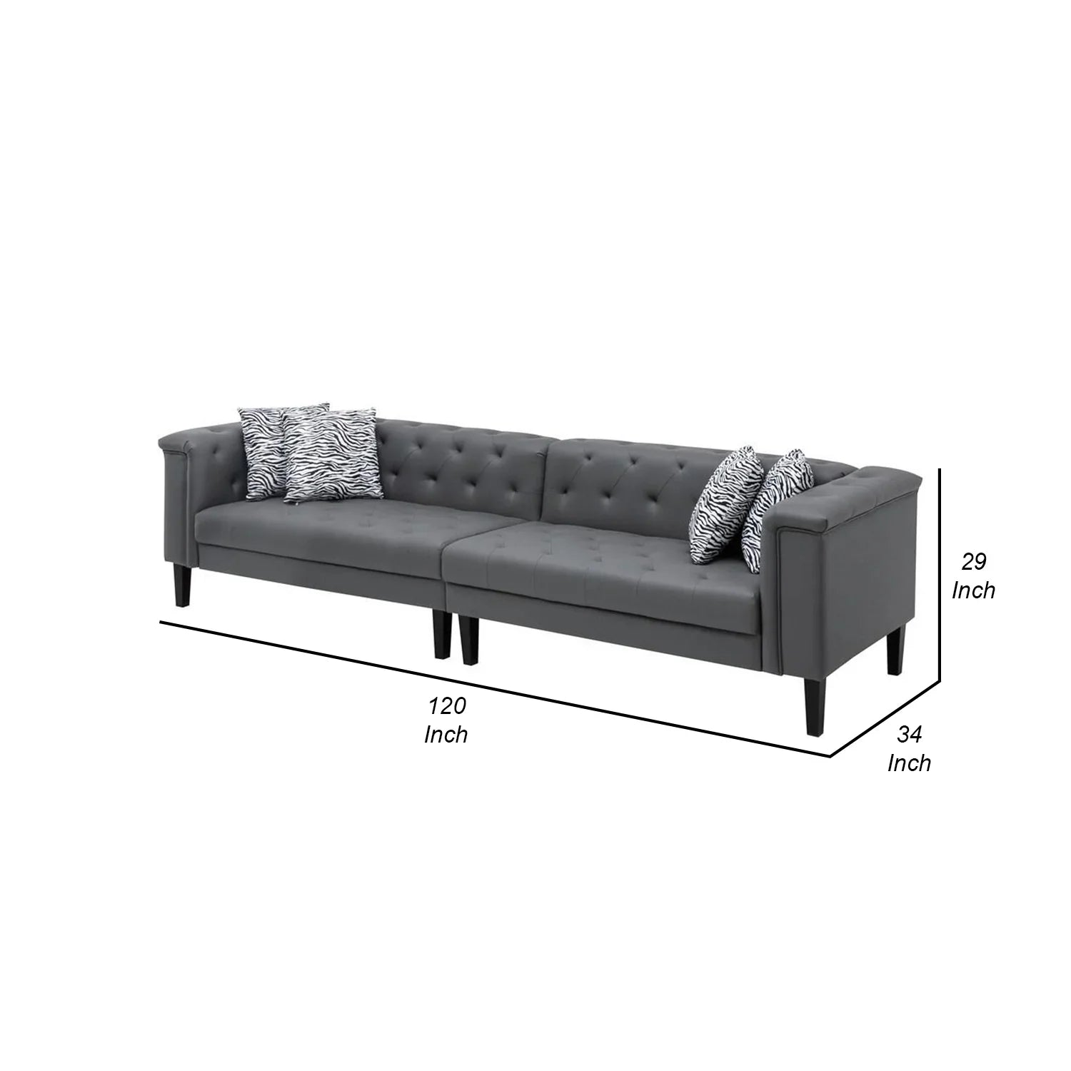 Benjara Ella 120 Inch 4 Seater Sofa, Deep Button Tufted, Gray Vegan Faux Leather