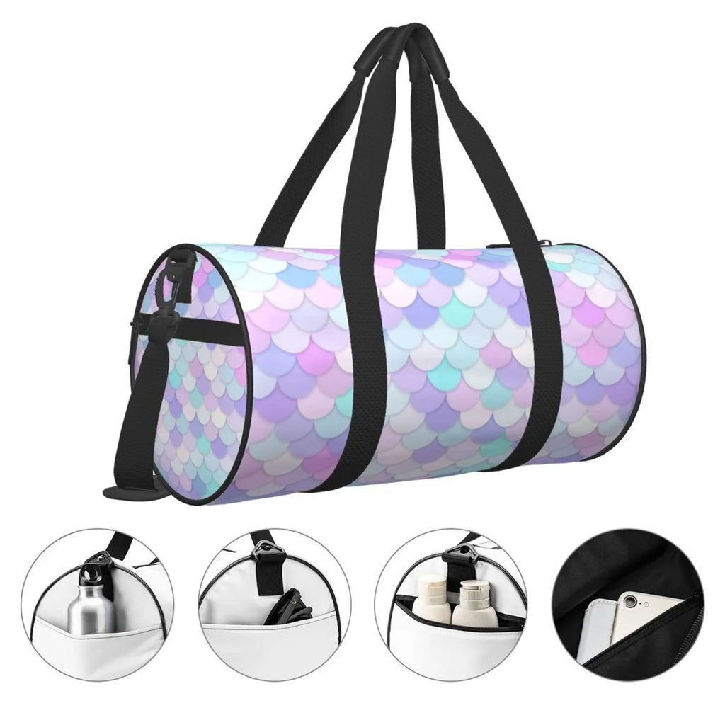 Coaee Rainbow Scales Large Capacity Travel Luggage Bag Cylinder Gym Bag Waterproof Sports Bag with Pocket and Compartment