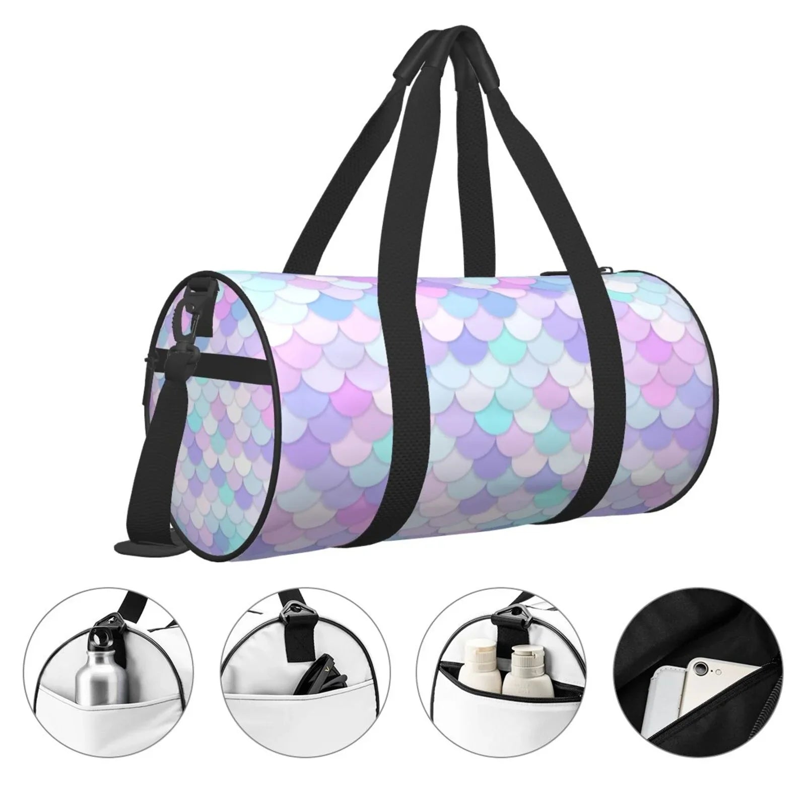 Coaee Rainbow Scales Large Capacity Travel Luggage Bag Cylinder Gym Bag Waterproof Sports Bag with Pocket and Compartment