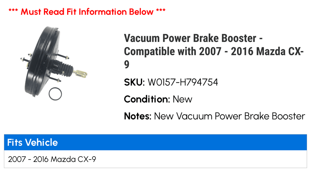 Vacuum Power Brake Booster - Suitable with 2007 - 2016 Mazda CX-9 2008 2009 2010 2011 2012 2013 2014 2015