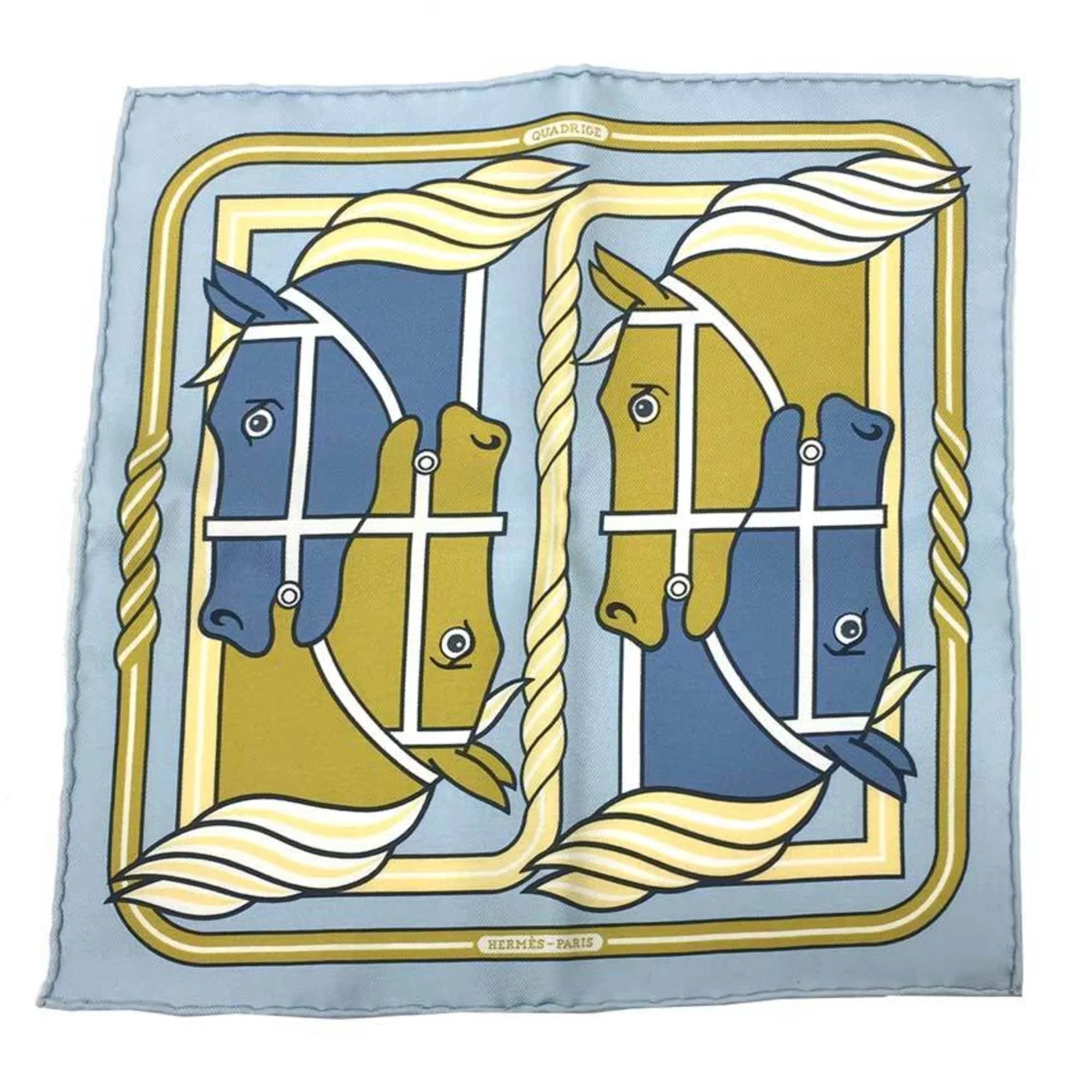 Pre-Owned HERMES CARRE NO Quadrige Horse 331061S Karenna Kare 20 Nano Scarf Muffler Blue Ciel/Gold/Blue Jean 100% Silk Hermes (Like New)
