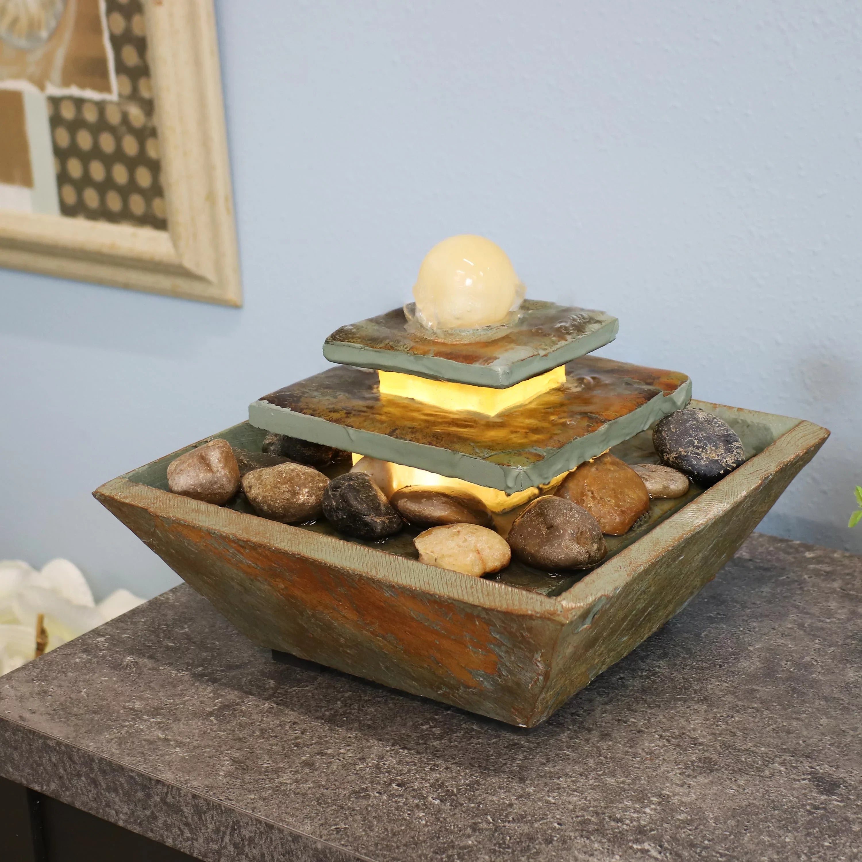 Sunnydaze Ascending Slate Tabletop Fountain with LED Light - 8"