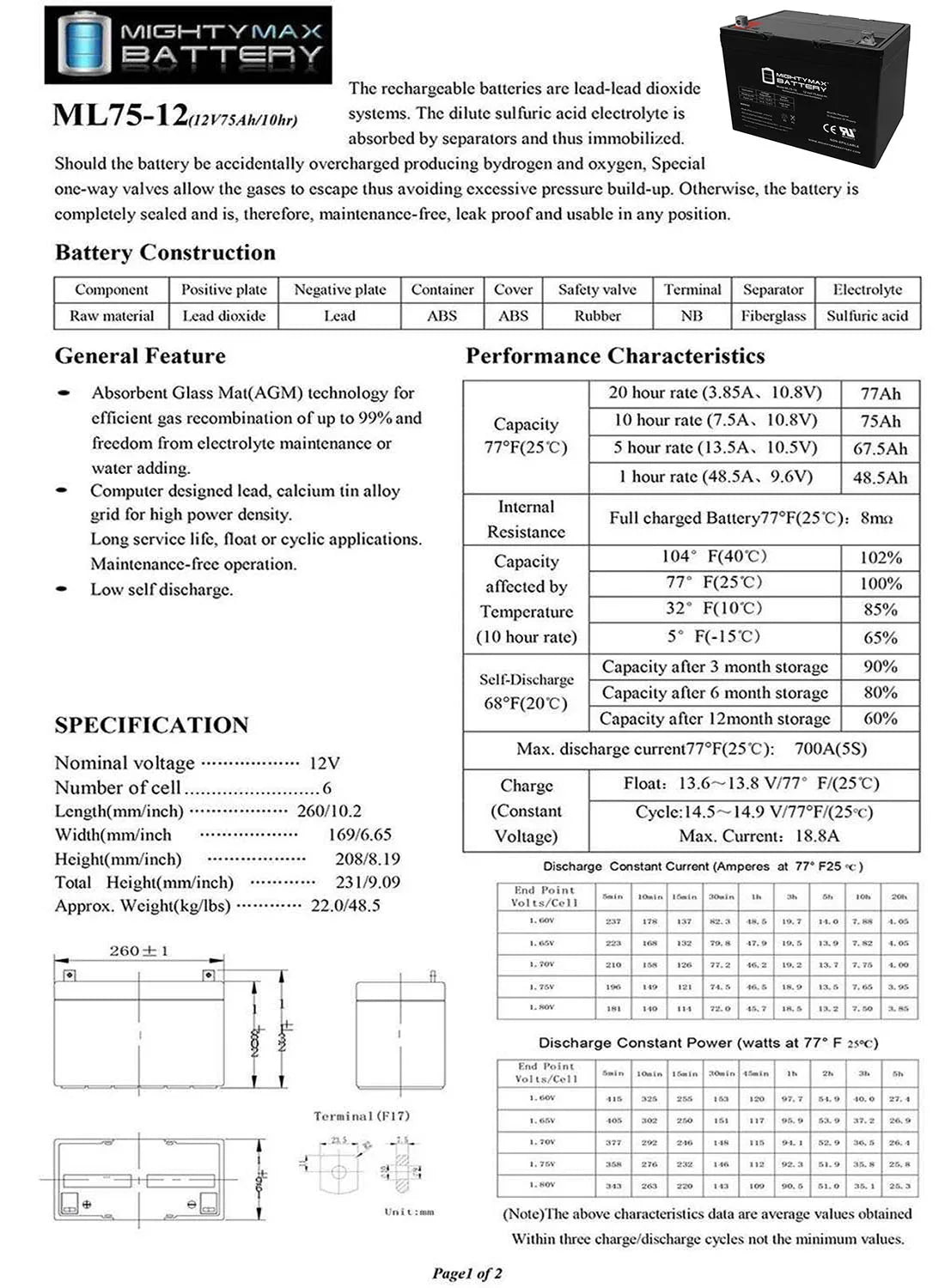 ML75-12 12V 75Ah Replaces Quantum Q6000Z, Pediatric, R-4000 Battery