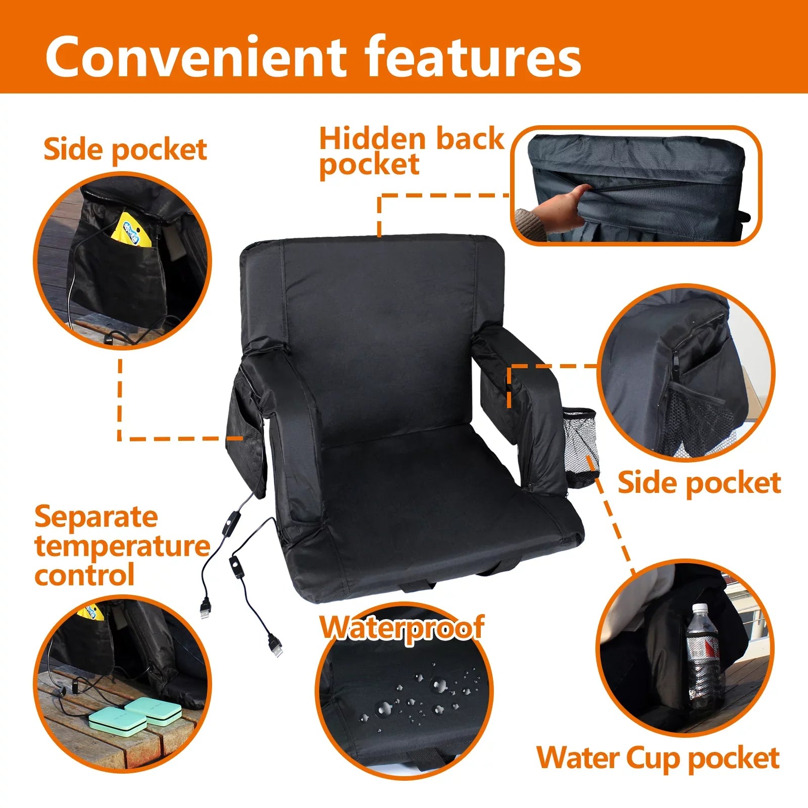 Sojoy Double Heated Stadium Seats for Bleacher with Back Support, 21" Extra Wide Folded Bleacher Chair with USB Heat for Outdoor Camping, Sports Gaming