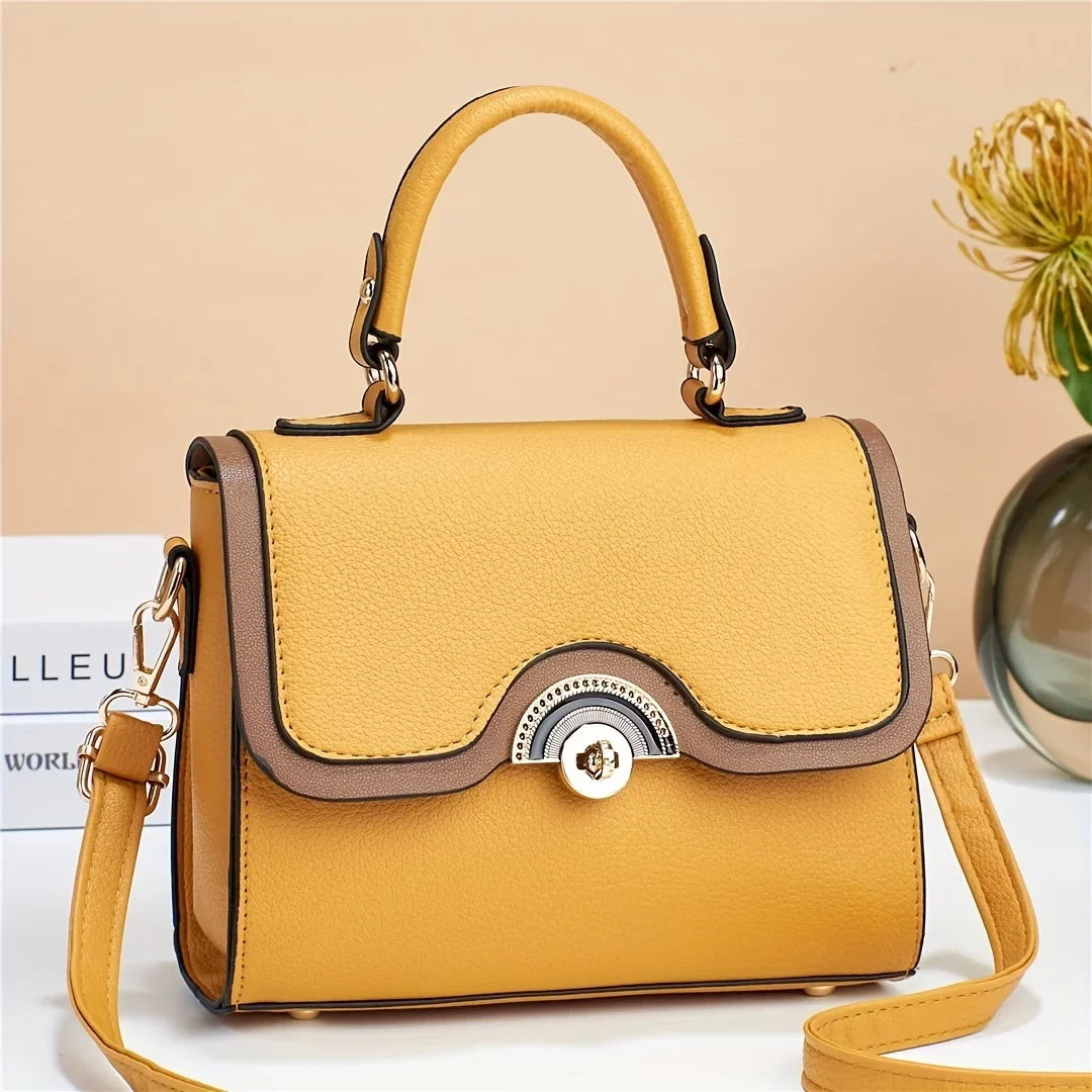 Junior Color Ontrast Handbags, Trendy Turn Lock Crossbody Bag, Women's Flap Square Purses