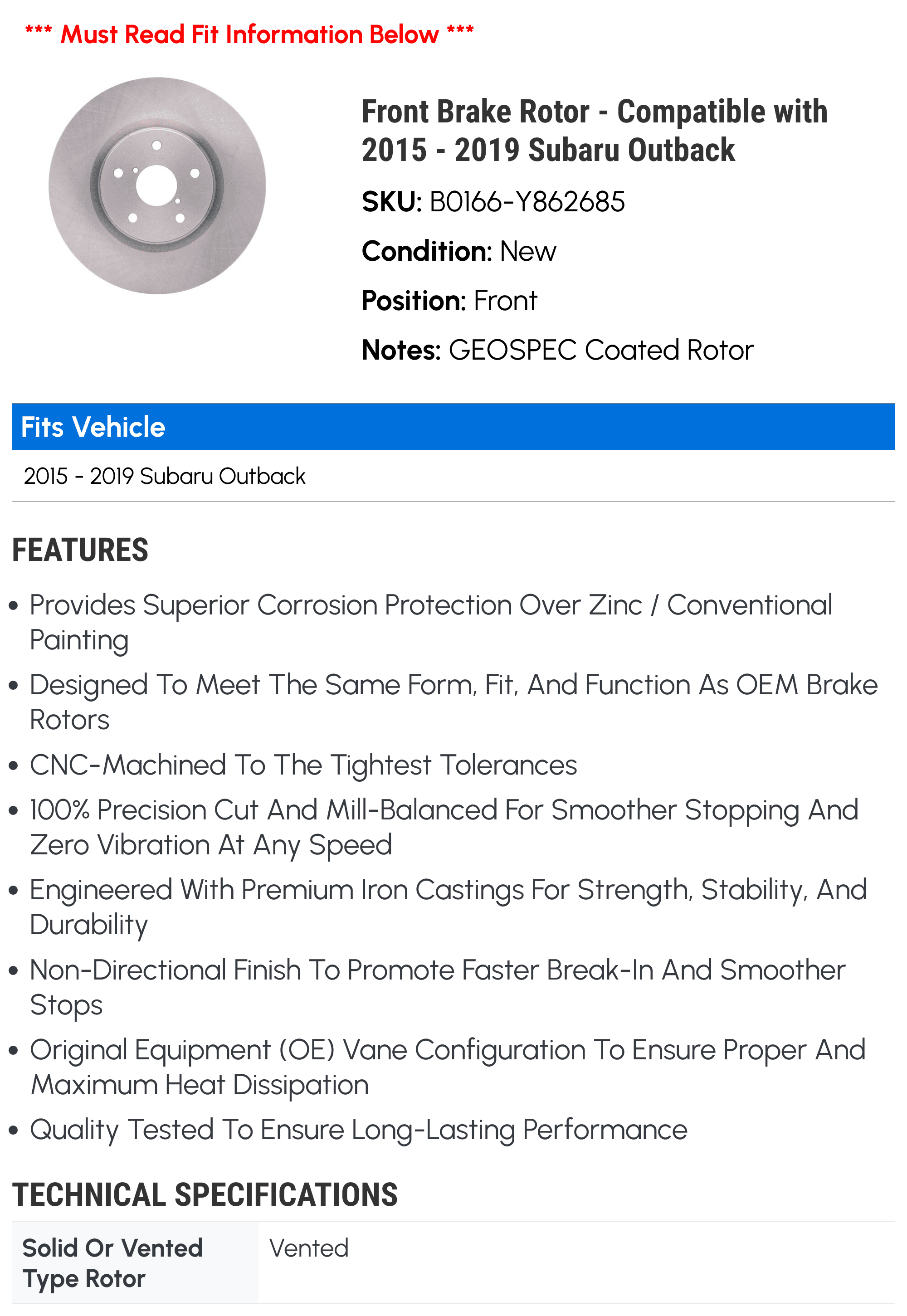 Front Brake Rotor - Suitable with 2015 - 2019 Subaru Outback 2016 2017 2018