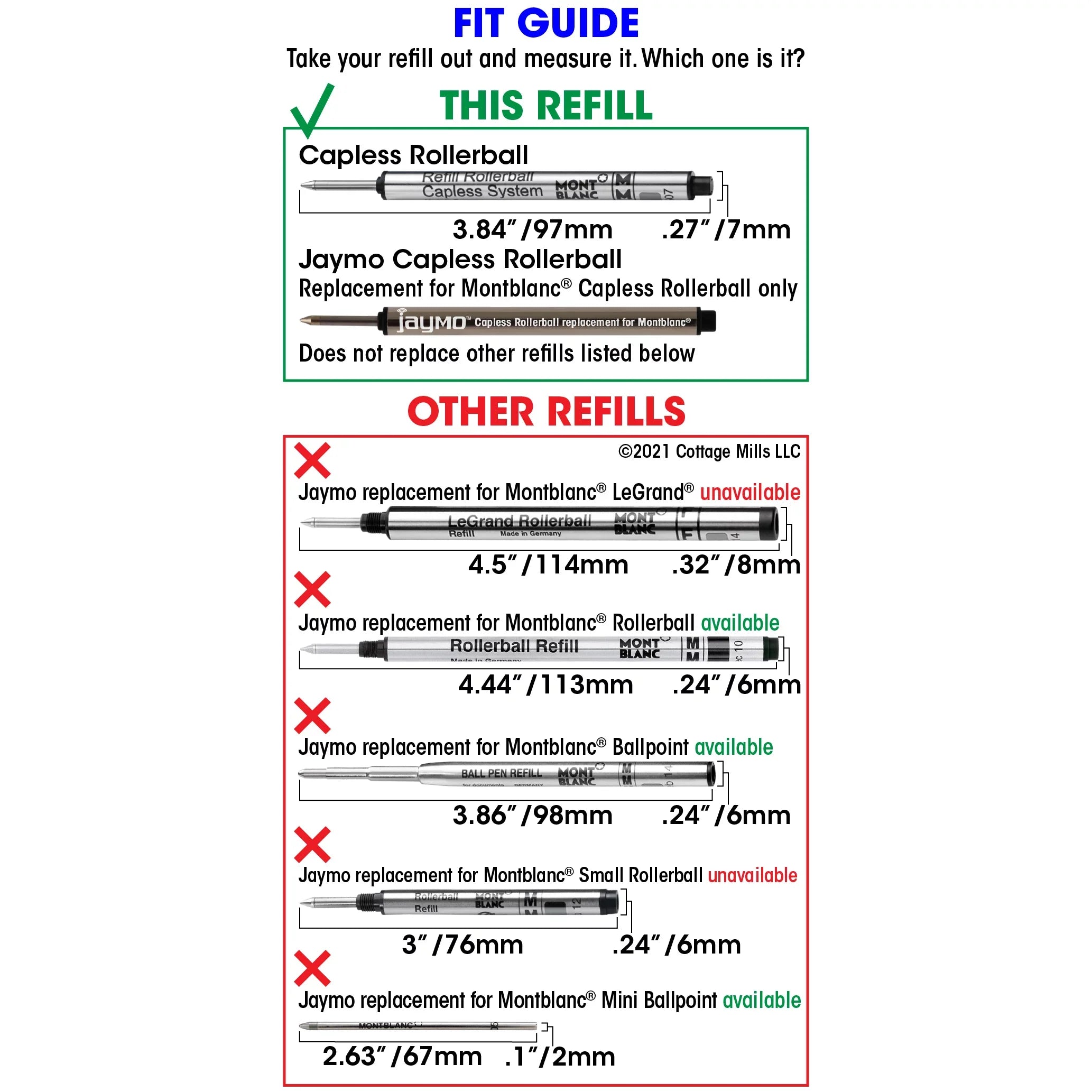 Jaymo Replacement for Montblanc 113778 - Measures 3.84 in / 97 mm Long - Capless Rollerball Pen Refill - 12 Blue
