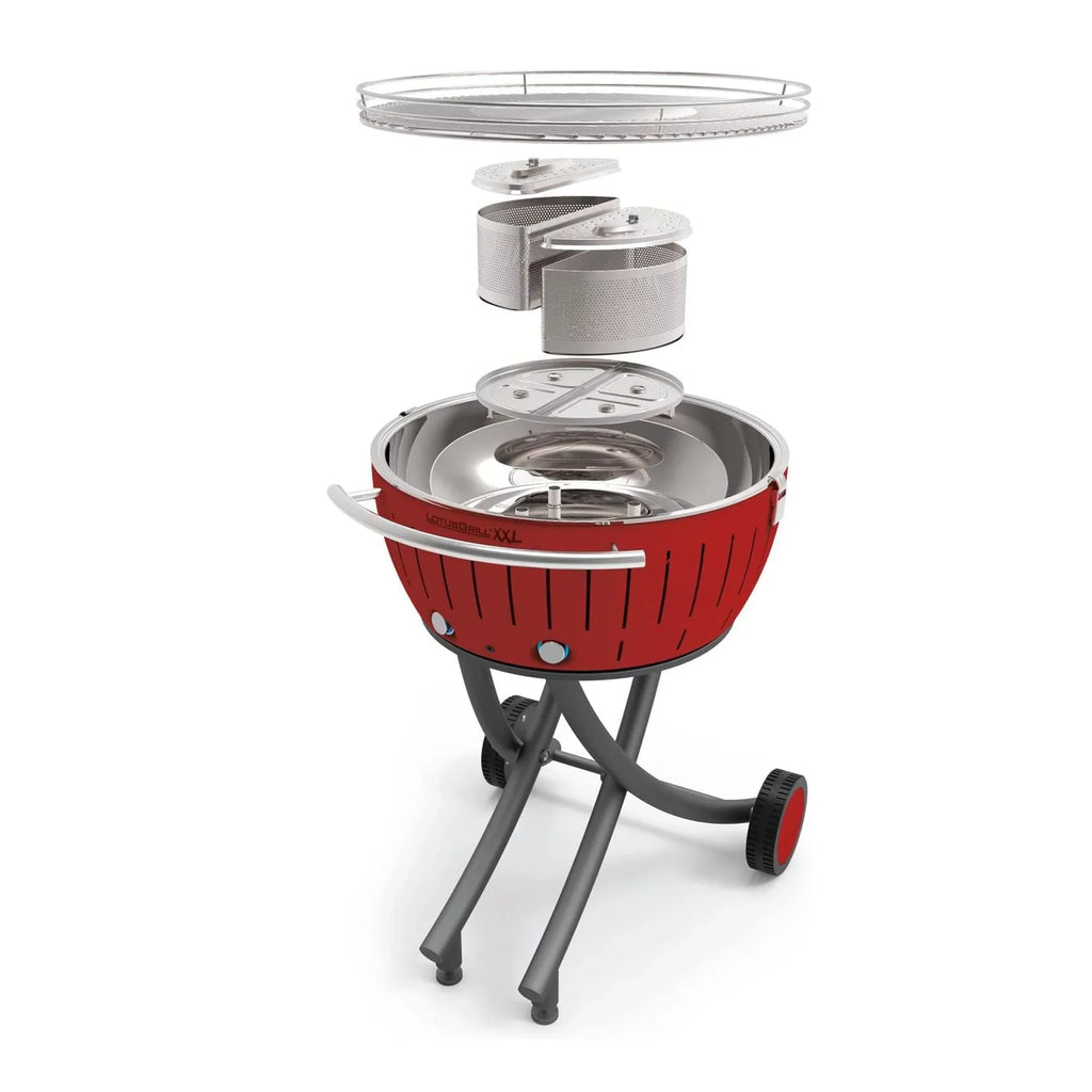 LotusGrill Smokeless Barbecue for Outdoor Dining with Glass Lid Wrap and Stand - Red