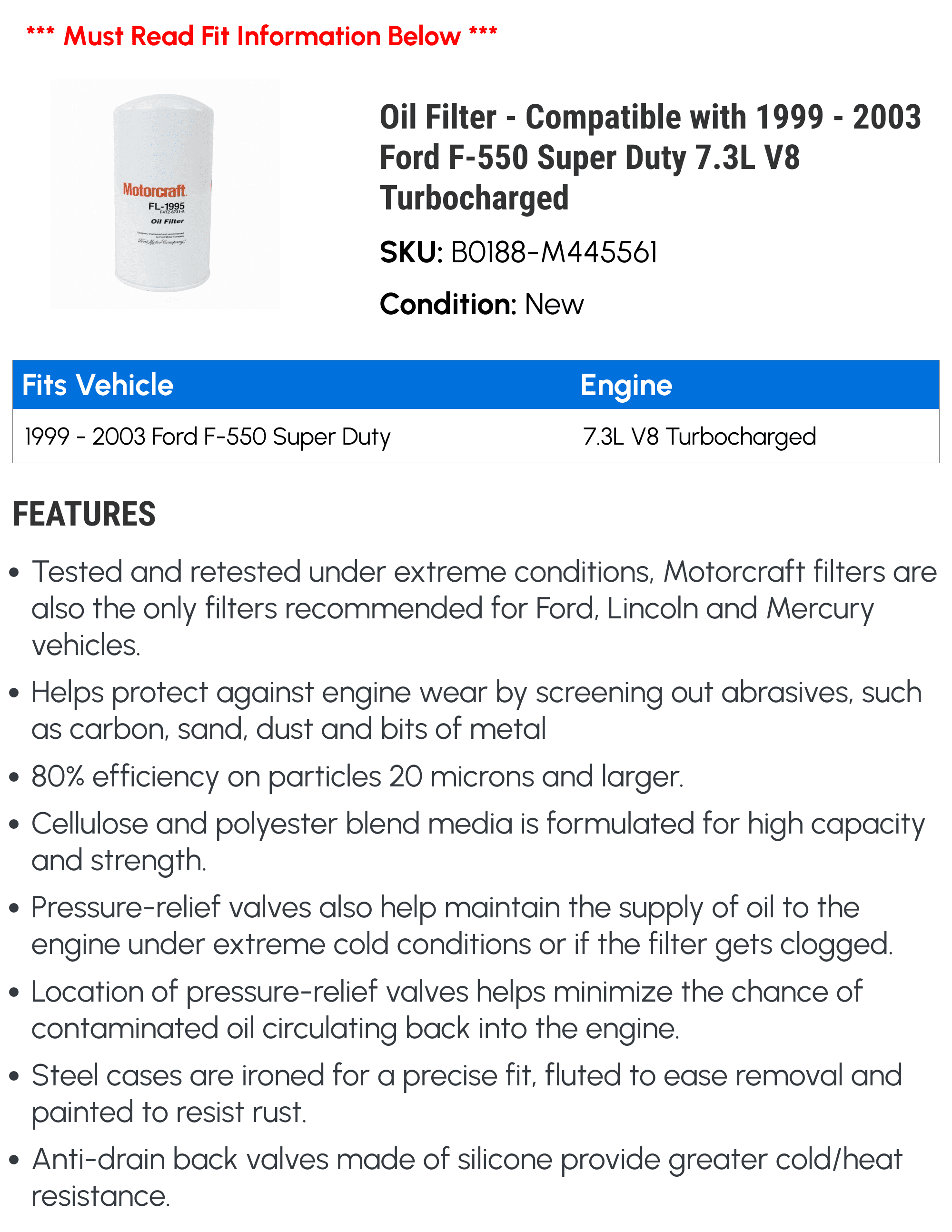 Oil Filter - Matching with 1999 - 2003 Ford F-550 Super Duty 7.3L V8 Turbocharged 2000 2001 2002