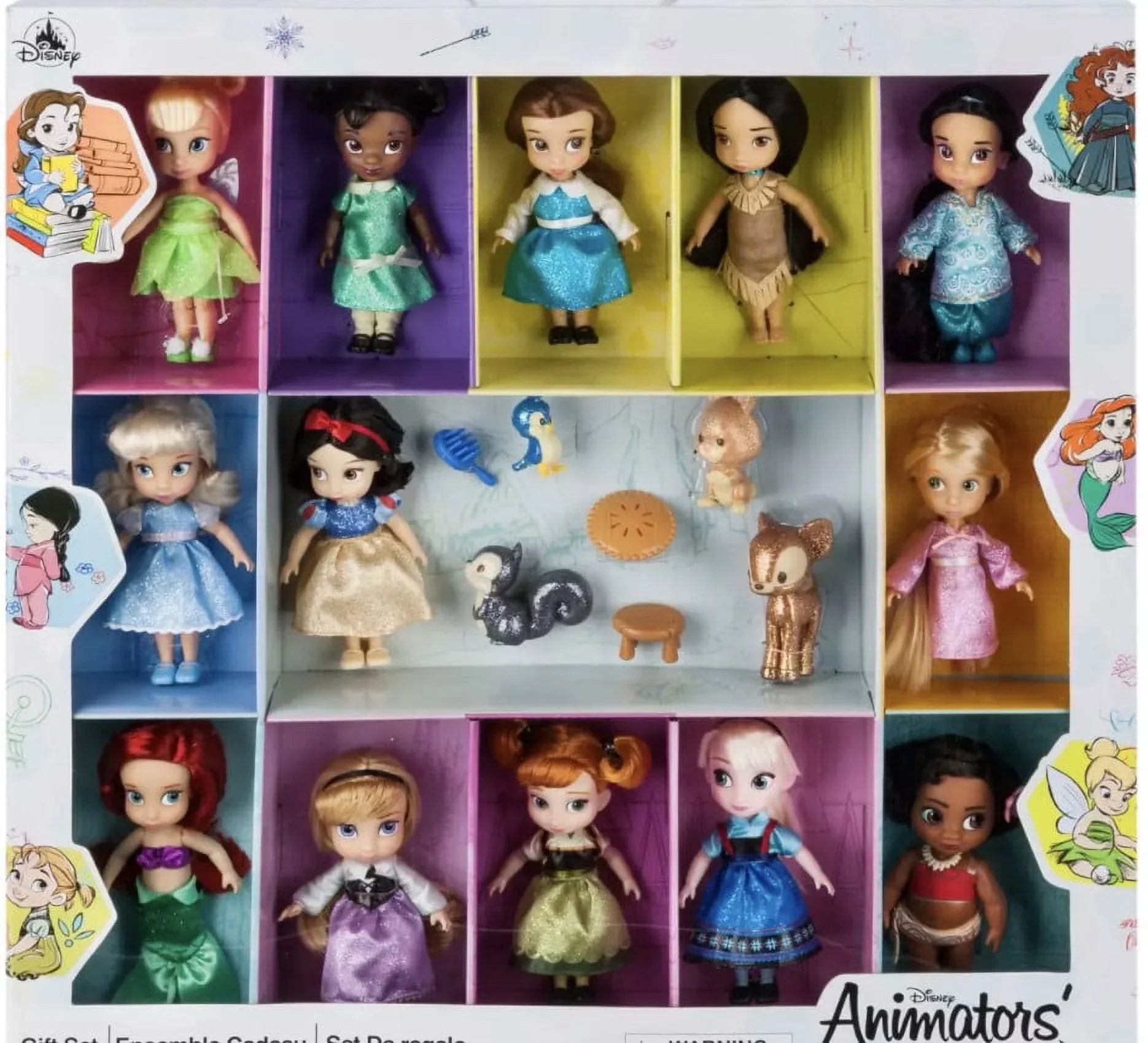 Disney Animators' Collection Mini Doll Gift Set 5'' NEW 2021 EDITION With Tinker Bell, Tiana, Belle, Pocahontas, Jasmine, Cinderella, Snow White, Rapunzel, Ariel, Aurora, Anna, Elsa, and Moana