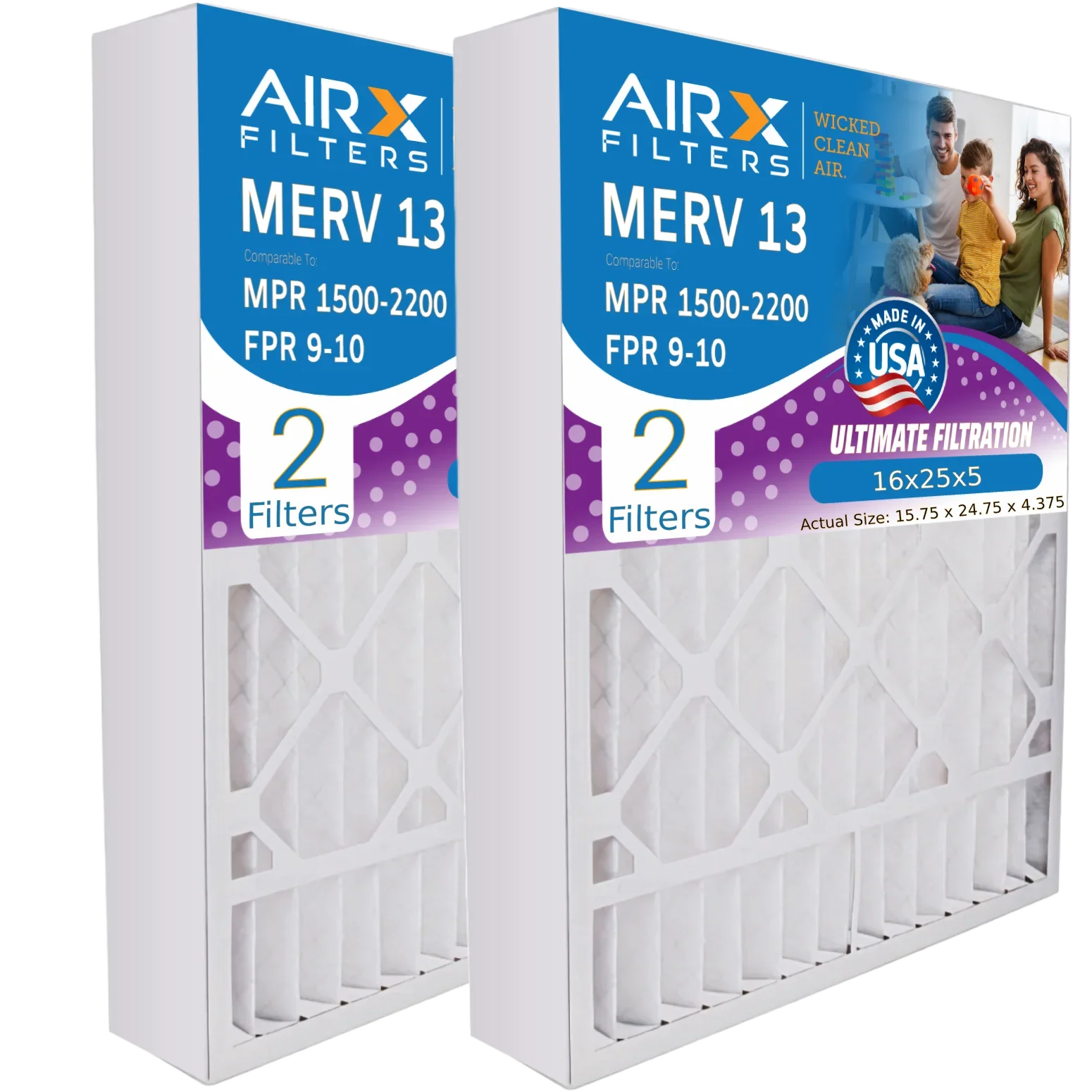 16x25x5 Air Filter MERV 13 Comparable to MPR 1500 - 2200 & FPR 9 Suitable with Bryant Carrier FILXXCAR0016 Premium USA Made 16x25x5 Furnace Filter 2 Pack by AIRX FILTERS WICKED CLEAN AIR.