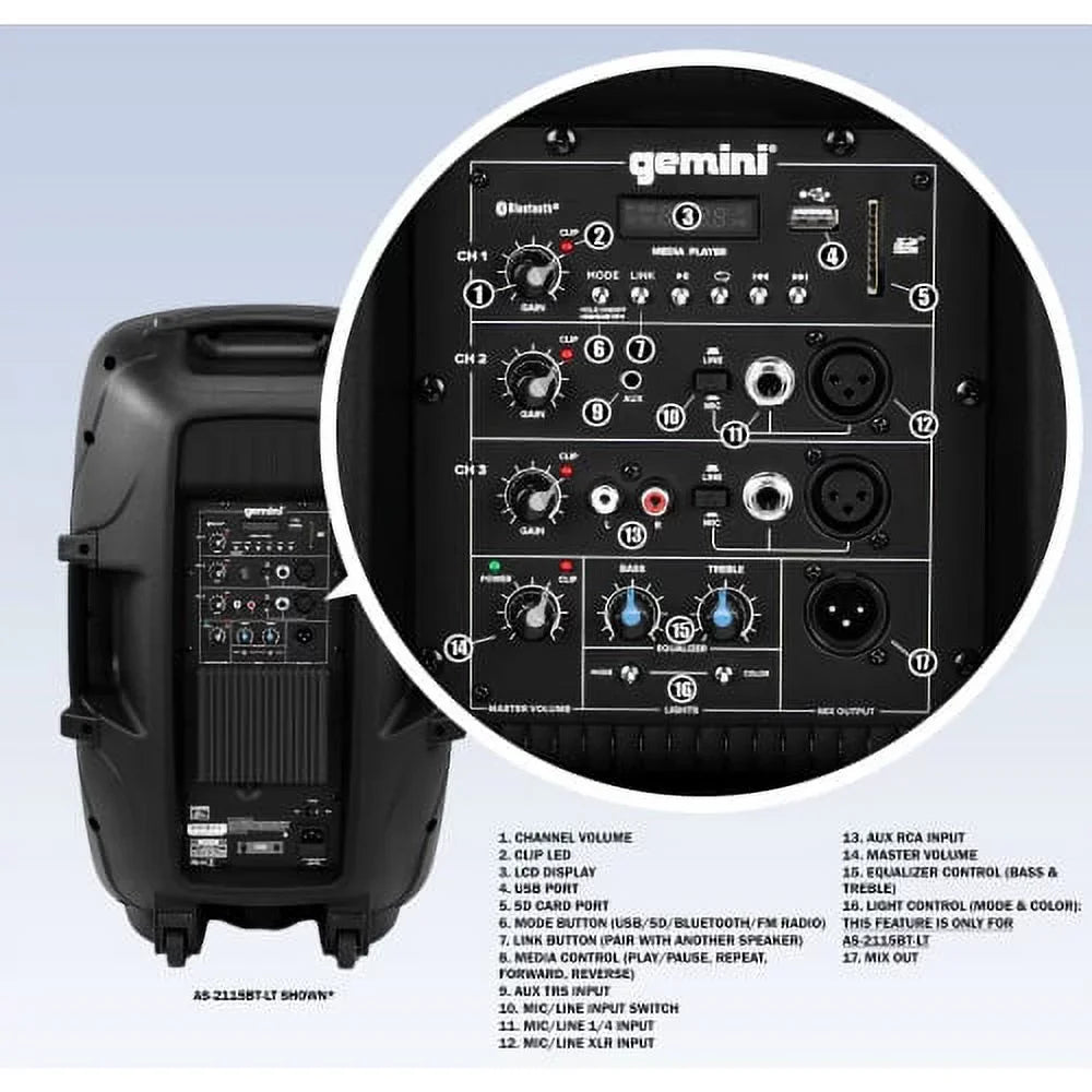Gemini Sound AS-2115BT Pro Audio Bluetooth 15" Inch 2000 Watts Active PA System DJ Speakers