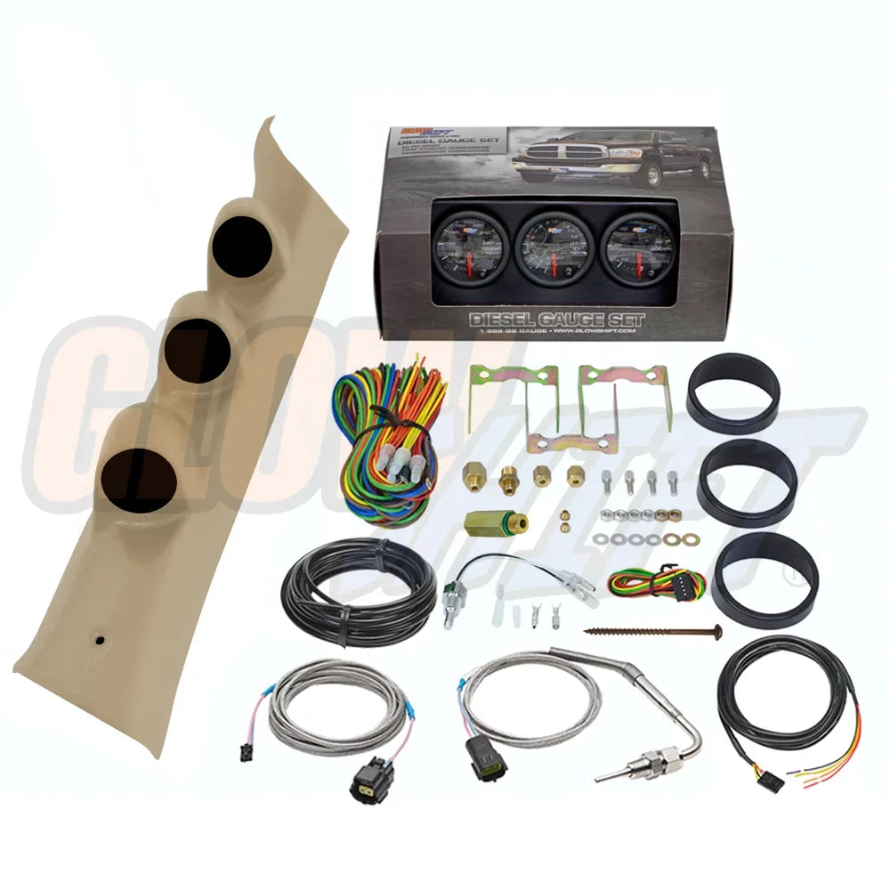 GlowShift 2014-2019 Chevrolet Silverado Duramax Tan Triple Gauge Package with Black 7 Color DS1 Gauge Set
