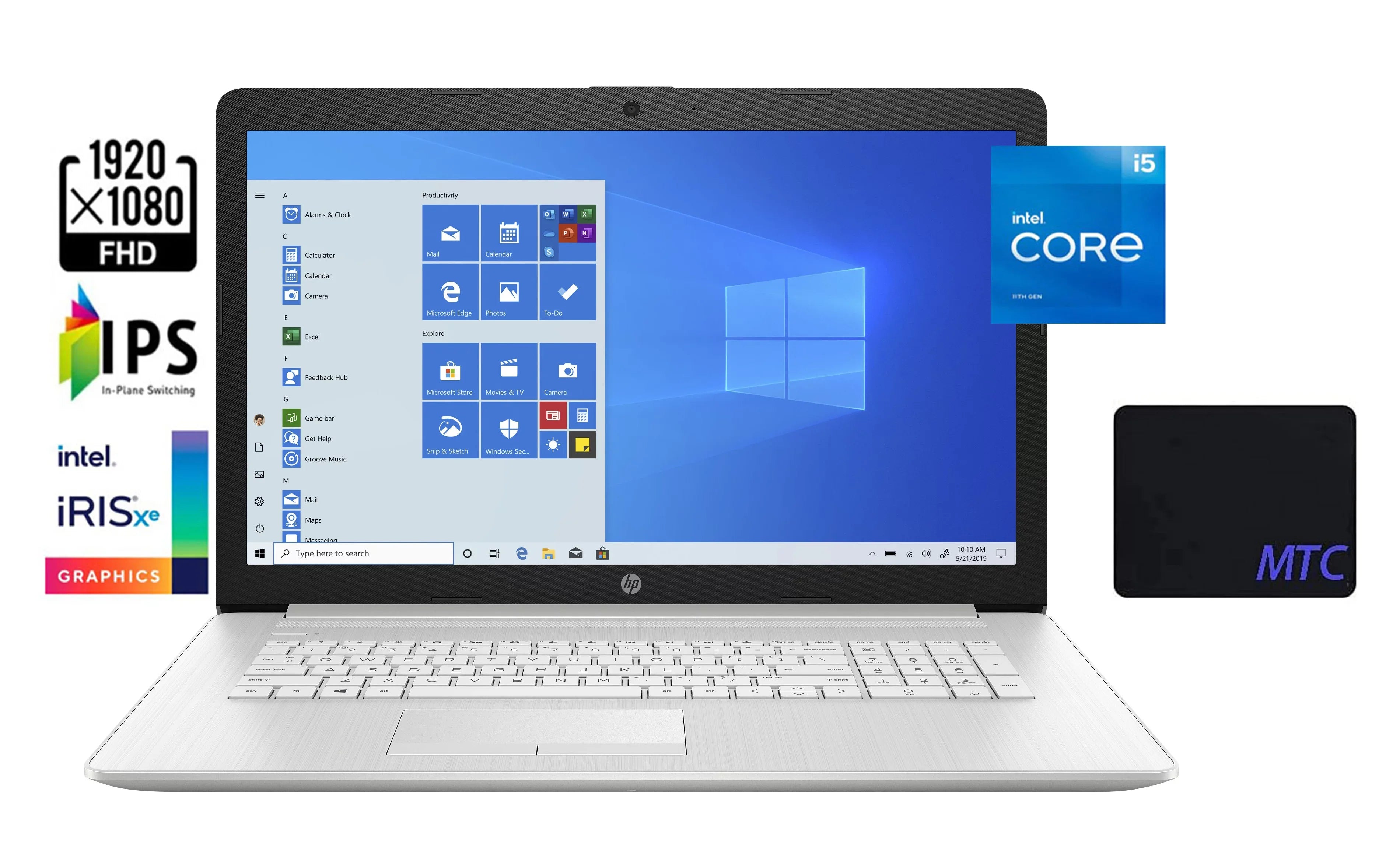 HP 17.3" FHD (1920 x 1080) Laptop, Intel Core i5-1135G7 up to 4.2GHz, Intel Iris Xe Graphics, 8GB DDR4 RAM, 256GB PCIe SSD, Win10 Home, Webcam, Wifi 5, Natural Silver, With MTC Mousepad