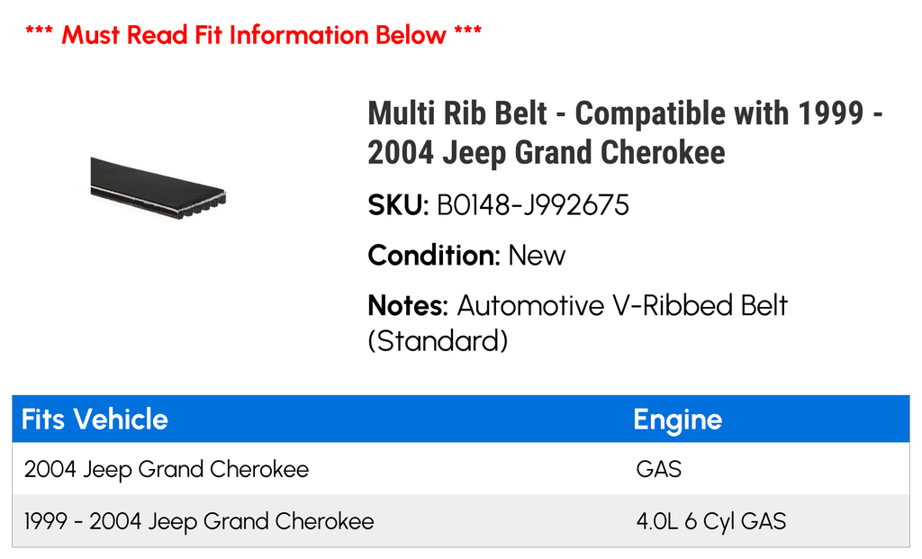 Multi Rib Belt - Suitable with 1999 - 2004 Jeep Grand Cherokee 2000 2001 2002 2003