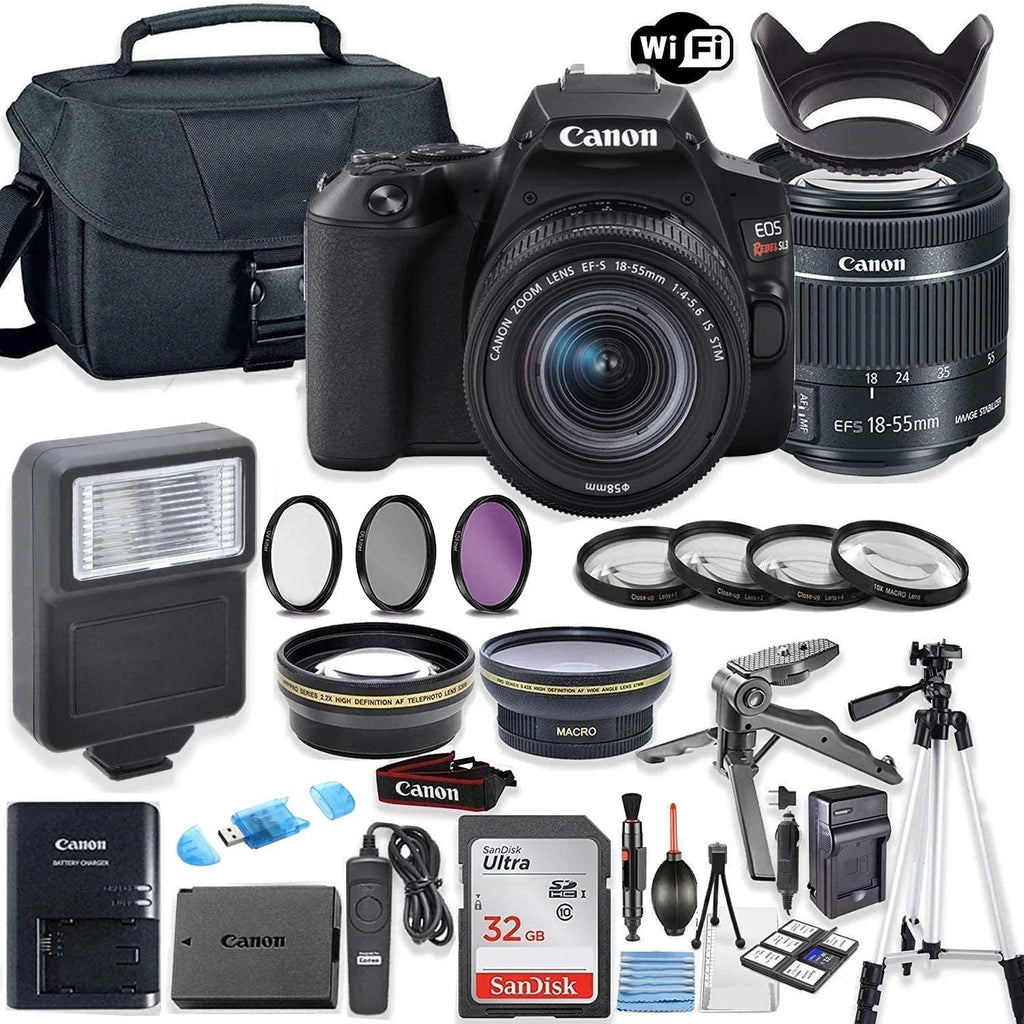 Canon EOS Rebel SL3 DSLR with EF-S 18-55mm STM Lens, 32GB Memory, Case, Flash, and Accessory Bundle