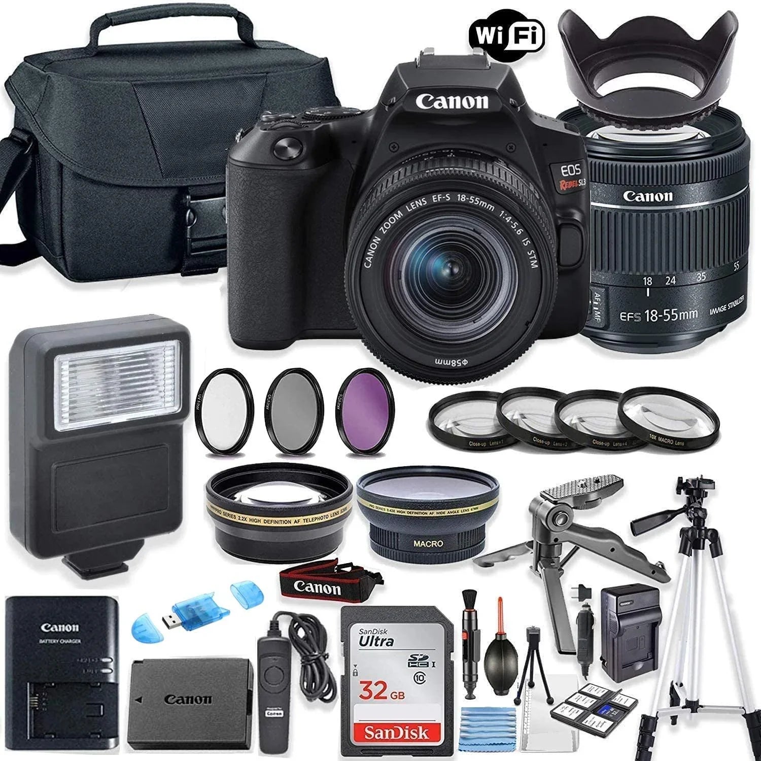 Canon EOS Rebel SL3 DSLR with EF-S 18-55mm STM Lens, 32GB Memory, Case, Flash, and Accessory Bundle