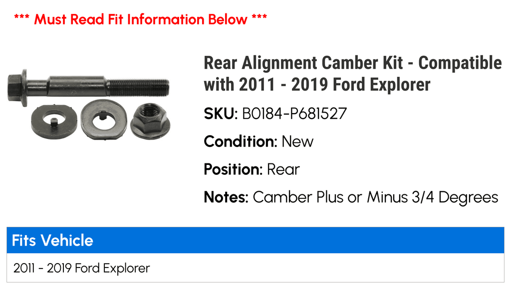 Rear Alignment Camber Kit - Fitting with 2011 - 2019 Ford Explorer 2012 2013 2014 2015 2016 2017 2018