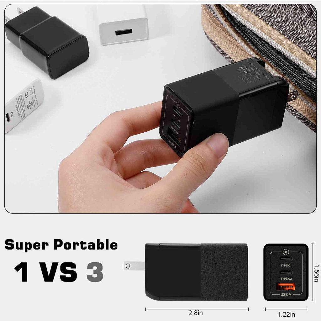 UrbanX 65W Fast Travel Charger with 3 Ports - USB & Dual USB-C - High-Speed Charging Suitable with Coolpad Cool S1, iPhone, Samsung Galaxy, Google Pixel, MacBook, Steam Deck, Laptops & Phones