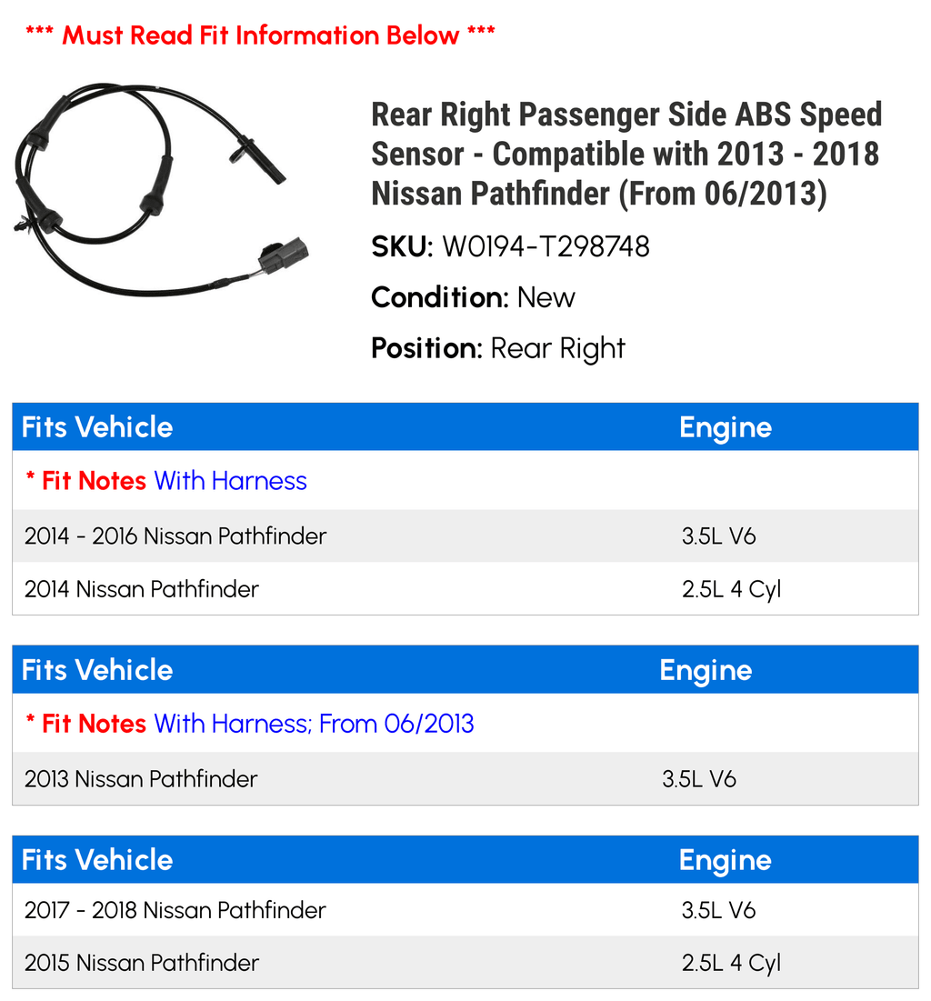 Rear Right Passenger Side ABS Speed Sensor - Suitable with 2013 - 2018 Nissan Pathfinder (From 06/2013) 2014 2015 2016 2017