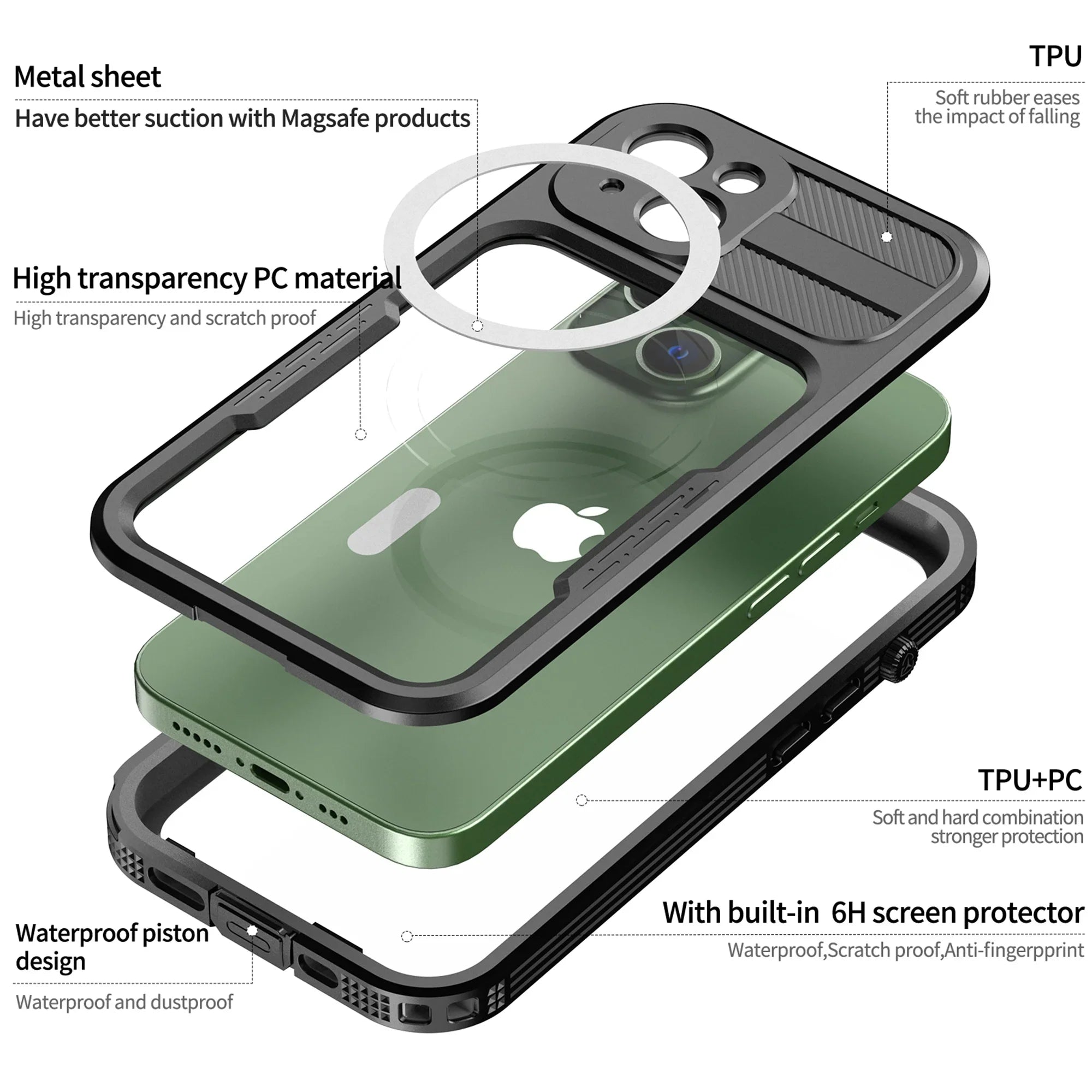 for iPhone 14 Case Magsafe, Waterproof with Built in Screen Protector, Heavy Duty Protective Wrap Phone Case iPhone 14 6.1 inch for Women/Men, Black