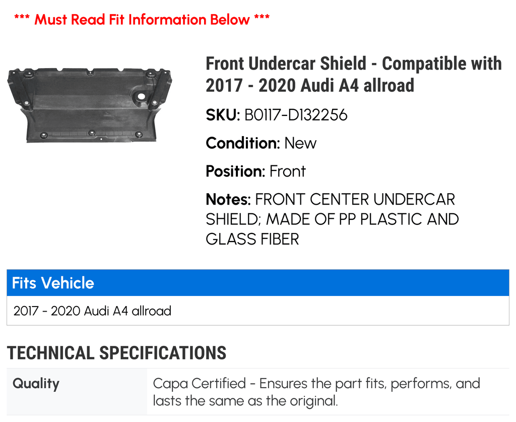 Front Undercar Shield - Suitable with 2017 - 2020 Audi A4 allroad 2018 2019