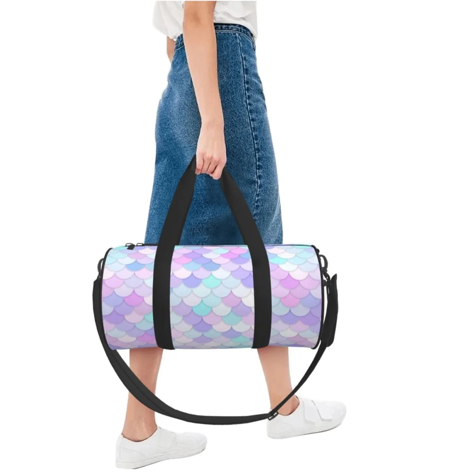 Coaee Rainbow Scales Large Capacity Travel Luggage Bag Cylinder Gym Bag Waterproof Sports Bag with Pocket and Compartment
