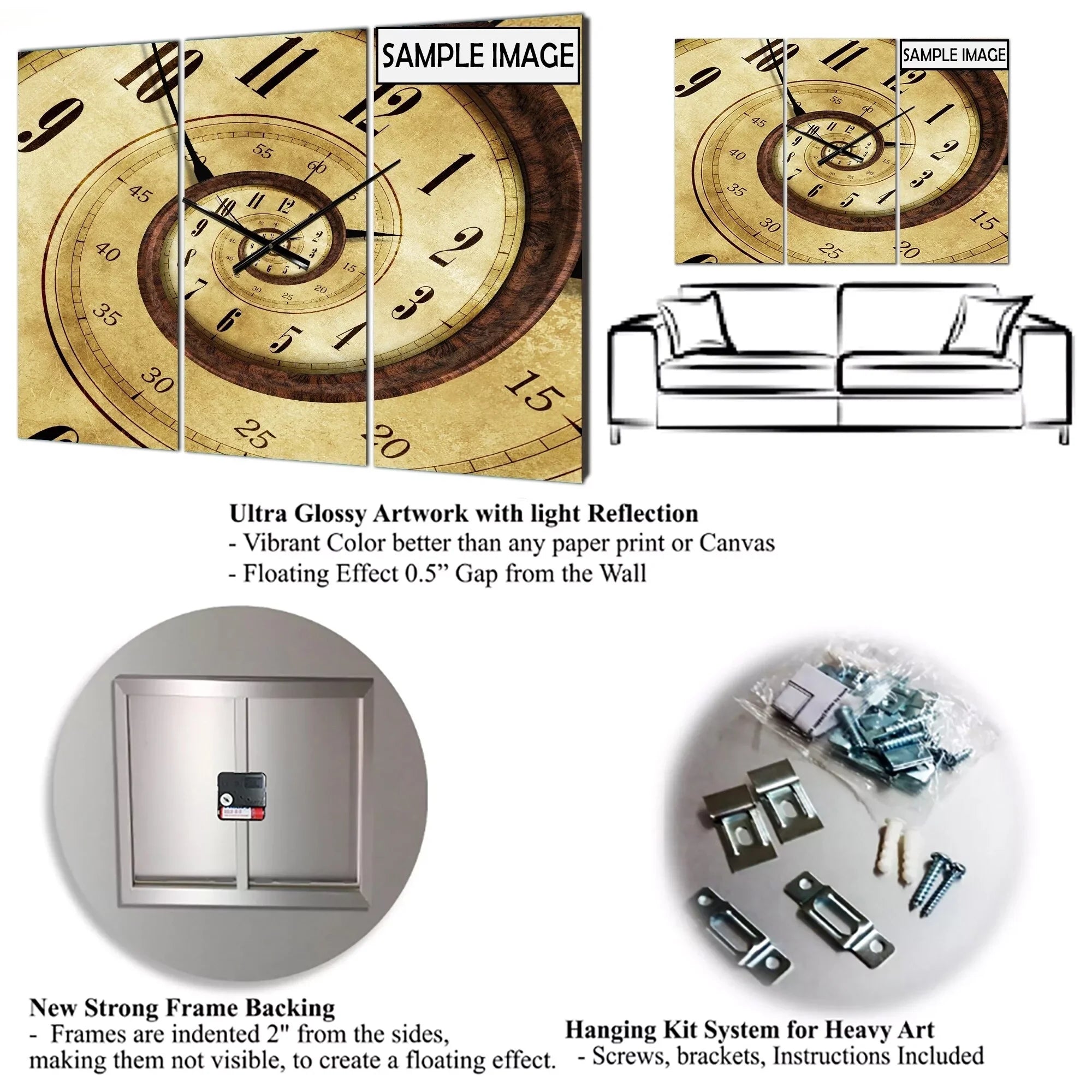 DESIGN ART Designart 'Mineral Slice XV' Large Fashion Wall Clock - 3 Panels - 36 in. wide x 28 in. high - 3 Panels