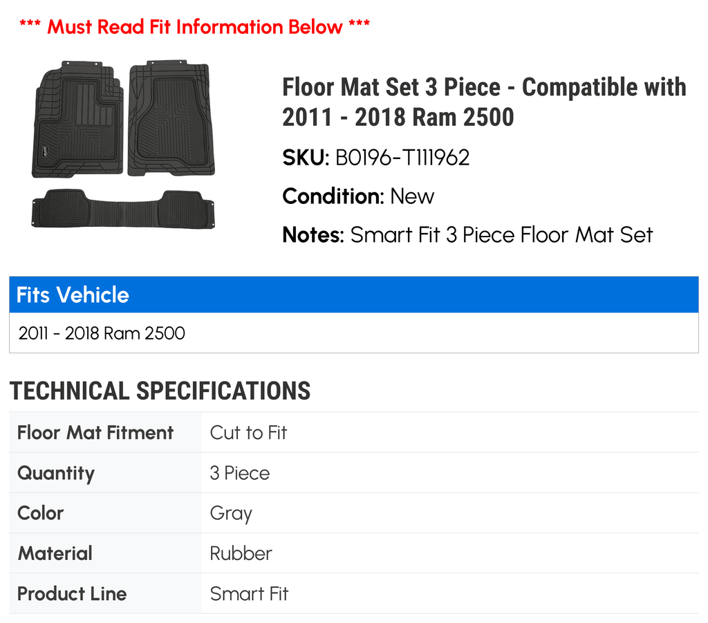 Floor Mat Set 3 Piece - Matching with 2011 - 2018 Ram 2500 2012 2013 2014 2015 2016 2017