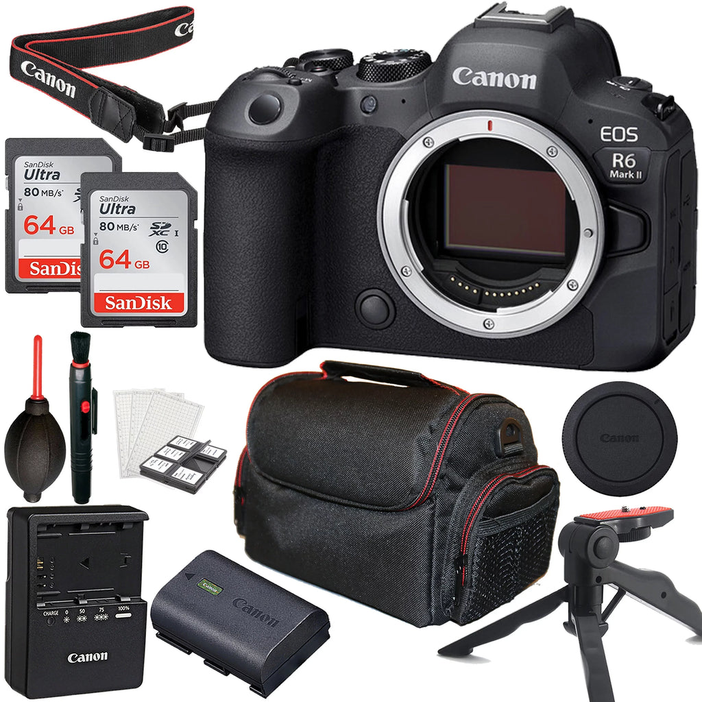 Canon EOS R6 Mark II Mirrorless Camera (Body Only) + 2pc 64GB Memory Cards + Tripod + Case & More