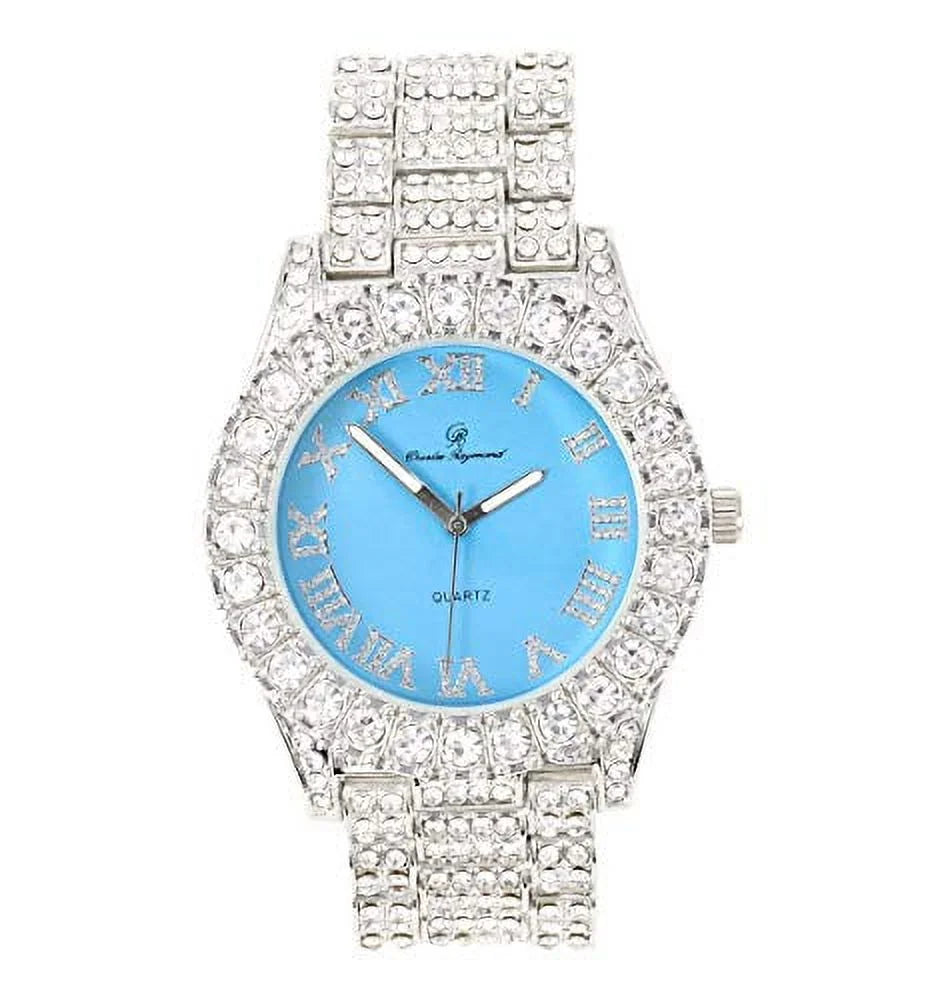 Mens Silver Big Rocks with Roman Numerals Fully Iced Out Colorful Dial Watch w/Bling'ed Out Cuban Shiny Silver Bracelet - ST10327 RN Cuban (Silver Baby Blue)