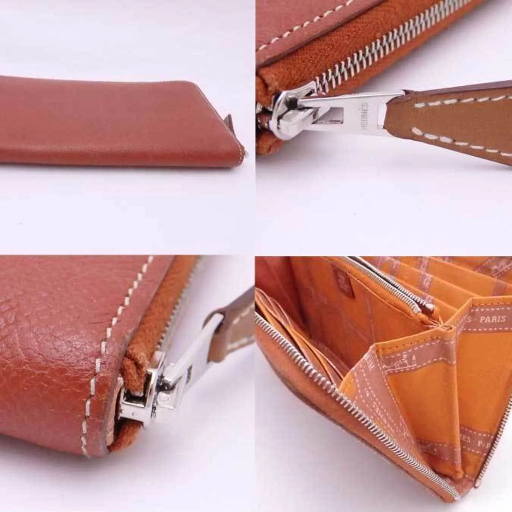 Pre-Owned Hermes HERMES Round Zipper Long Wallet Azap Silk In Leather Brown x Orange Silver Women's (Good)