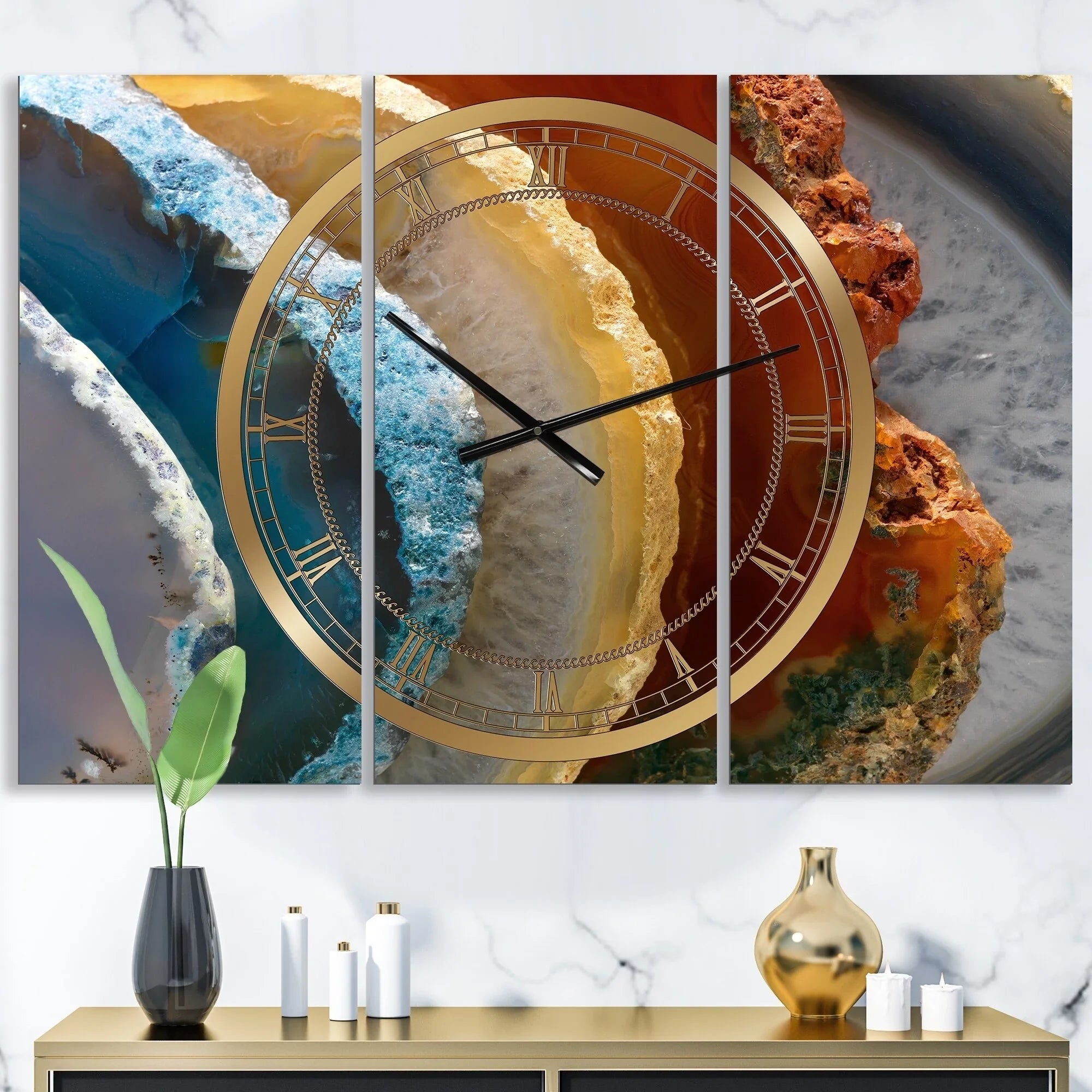 DESIGN ART Designart 'Mineral Slice XV' Large Fashion Wall Clock - 3 Panels - 36 in. wide x 28 in. high - 3 Panels