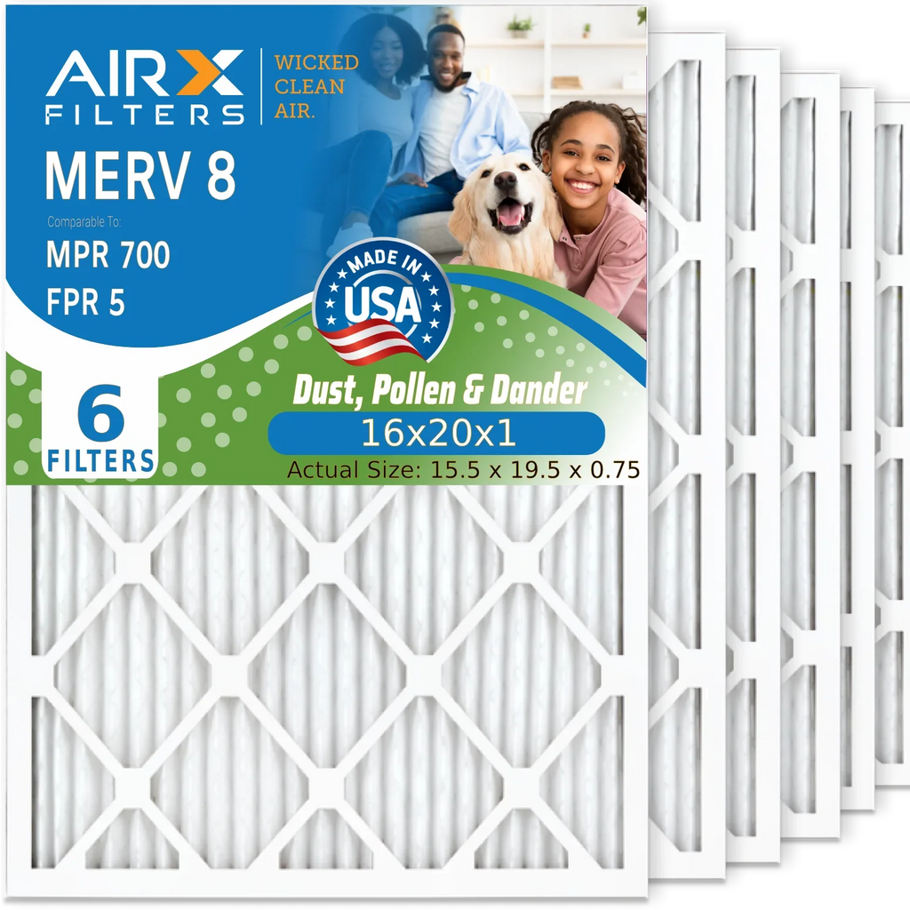 16x20x1 Air Filter MERV 8 Comparable to MPR 700 & FPR 5 Electrostatic Pleated Air Conditioner Filter 6 Pack HVAC AC Premium USA Made 16x20x1 Furnace Filters by AIRX FILTERS WICKED CLEAN AIR.