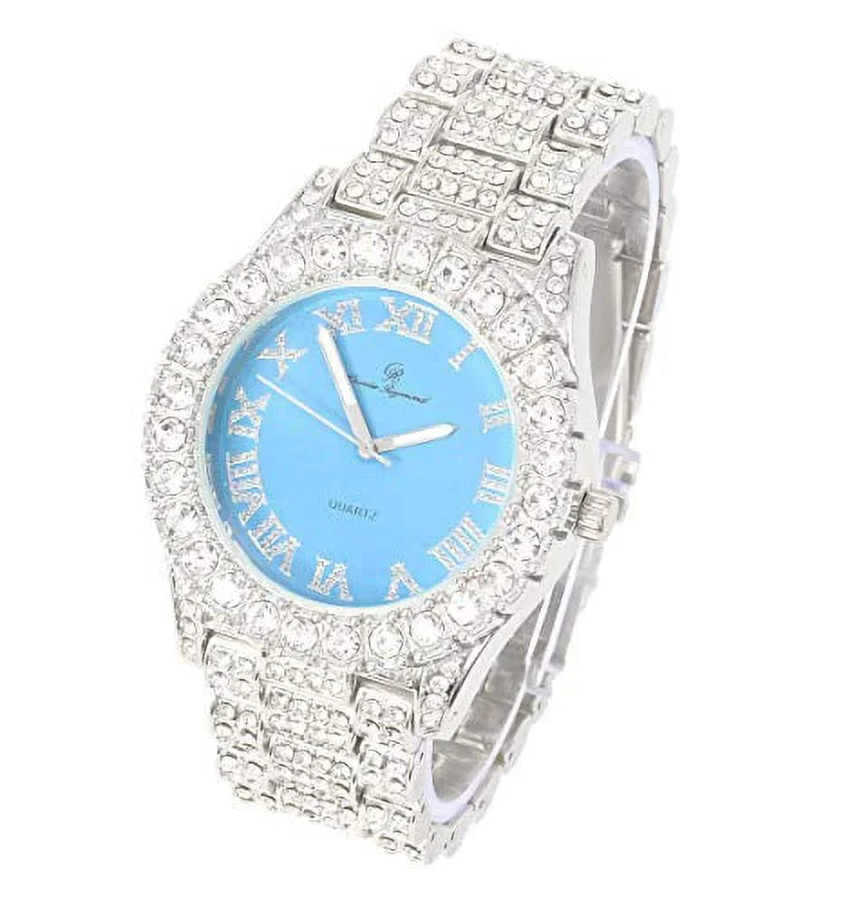 Mens Silver Big Rocks with Roman Numerals Fully Iced Out Colorful Dial Watch w/Bling'ed Out Cuban Shiny Silver Bracelet - ST10327 RN Cuban (Silver Baby Blue)