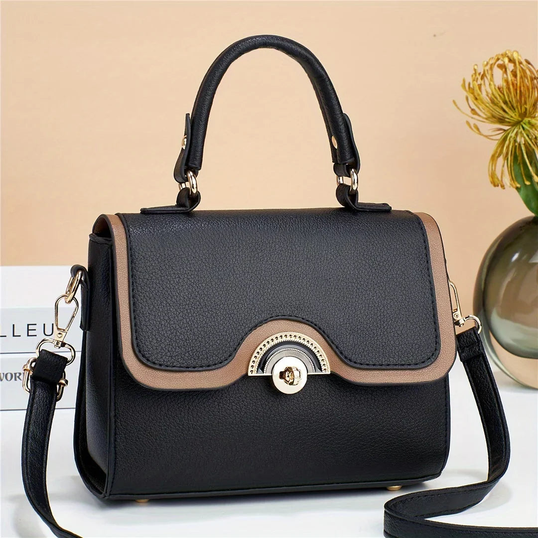 Junior Color Ontrast Handbags, Trendy Turn Lock Crossbody Bag, Women's Flap Square Purses