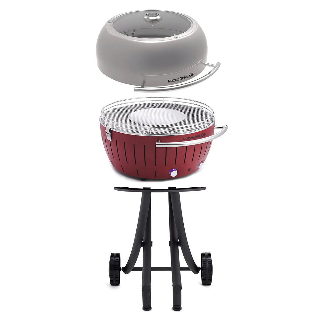 LotusGrill Smokeless Barbecue for Outdoor Dining with Glass Lid Wrap and Stand - Red