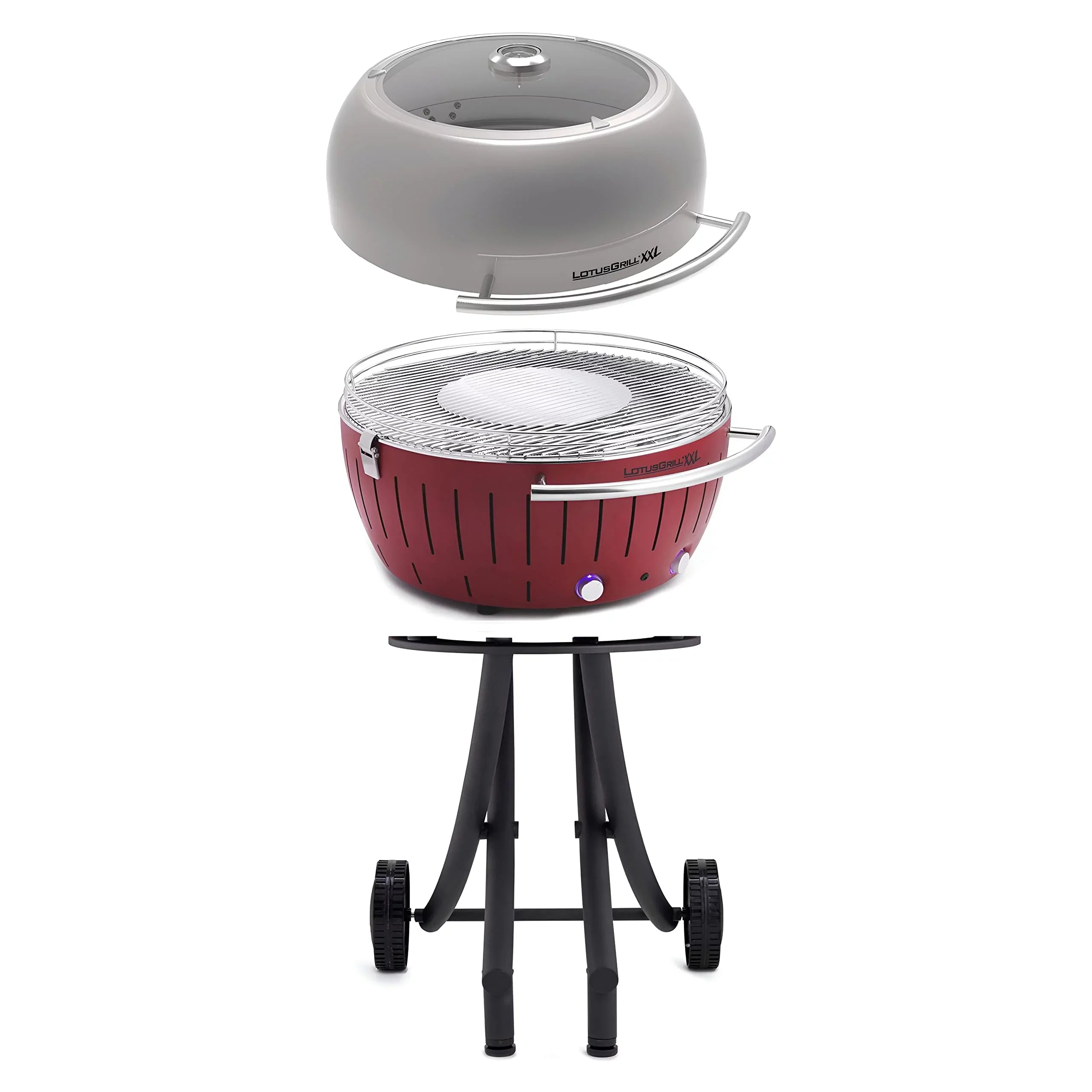 LotusGrill Smokeless Barbecue for Outdoor Dining with Glass Lid Wrap and Stand - Red