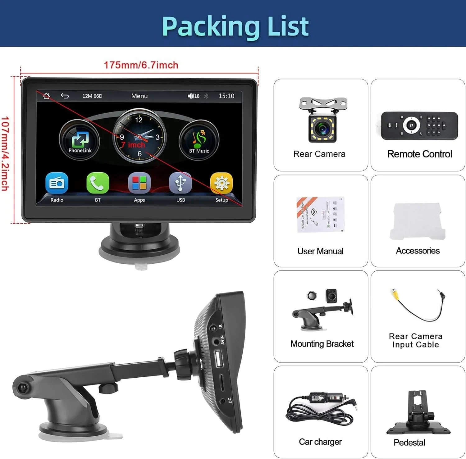 Podofo 12-30V 7" Portable Touch Screen Car Stereo Radio Wireless Carplay Android Auto Mirror Link FM Bluetooth TF/USB for Car Suv Van Pickup, with Backup Camera