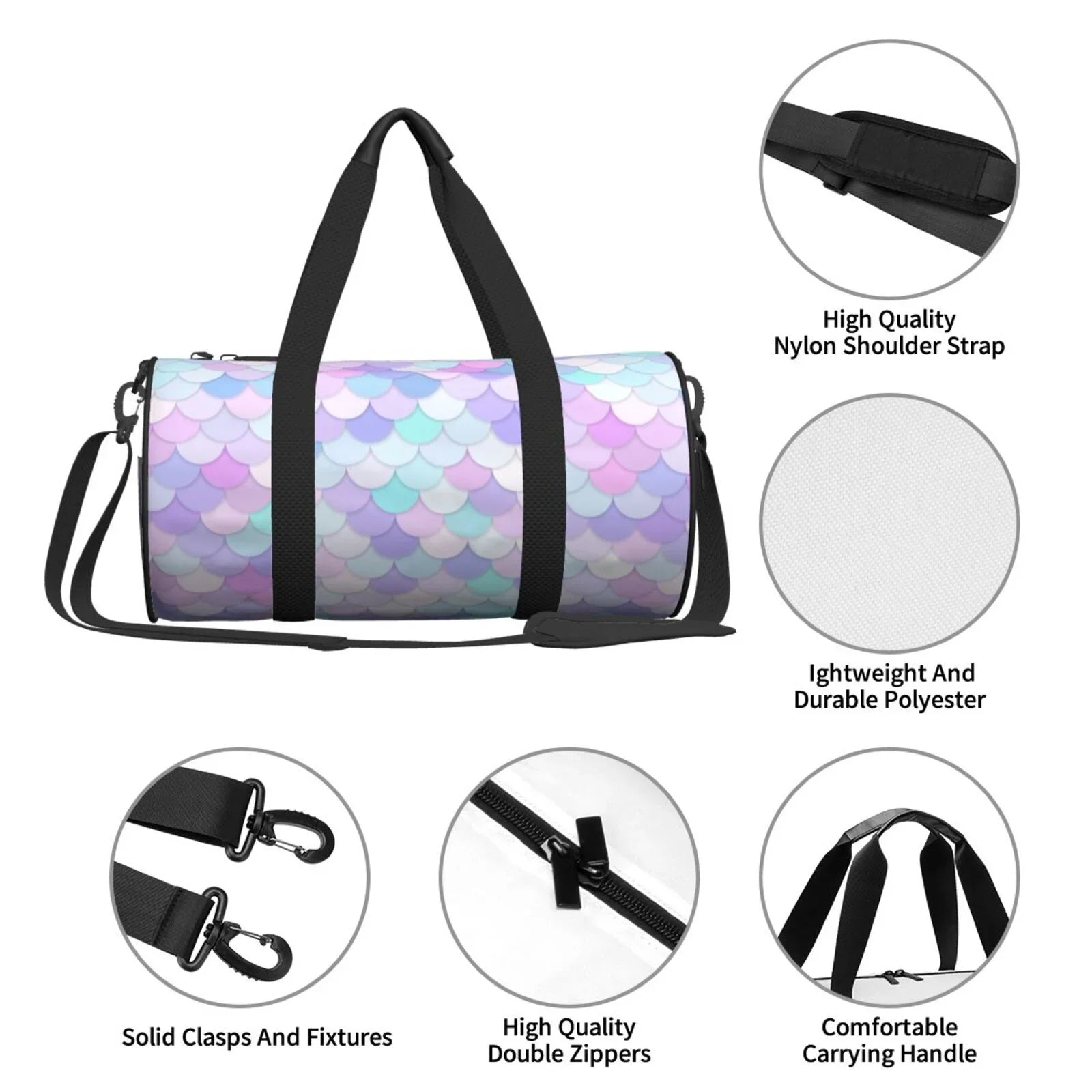 Coaee Rainbow Scales Large Capacity Travel Luggage Bag Cylinder Gym Bag Waterproof Sports Bag with Pocket and Compartment