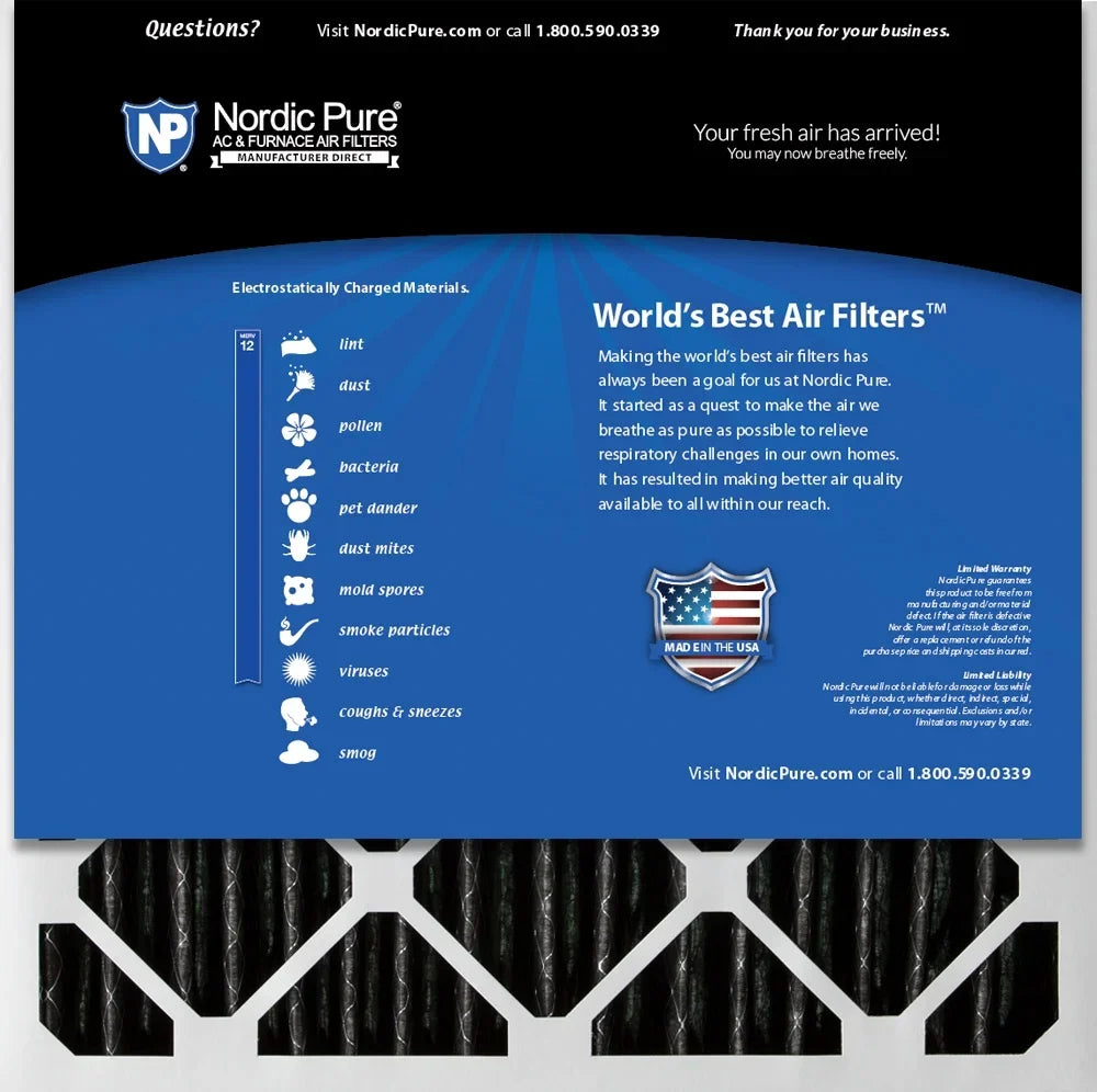 Nordic Pure 20x20x2 Furnace Air Filters MERV 12 Pleated Plus Carbon 3 Pack