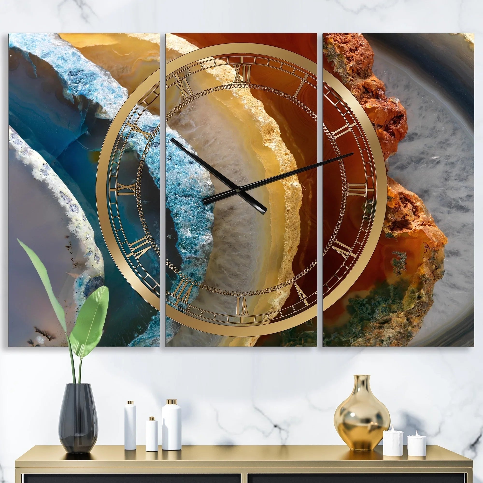 DESIGN ART Designart 'Mineral Slice XV' Large Fashion Wall Clock - 3 Panels - 36 in. wide x 28 in. high - 3 Panels