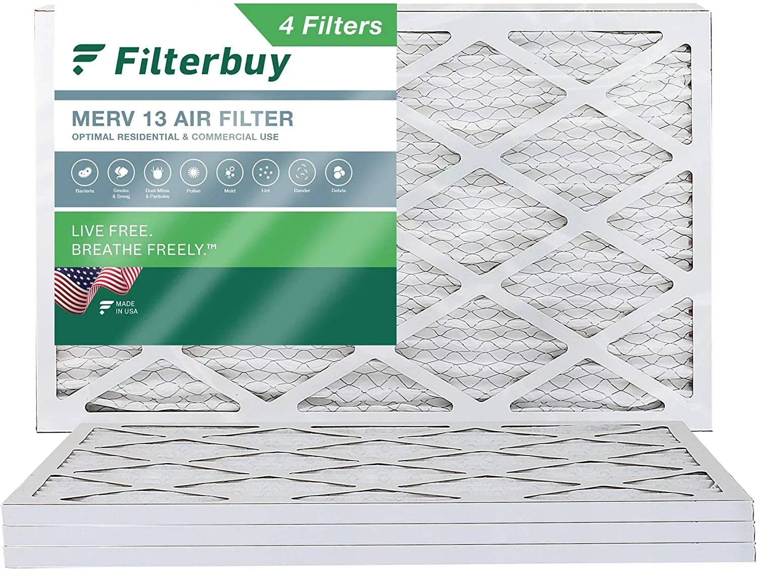 Filterbuy 12x25x1 MERV 13 Pleated HVAC AC Furnace Air Filters (4-Pack)